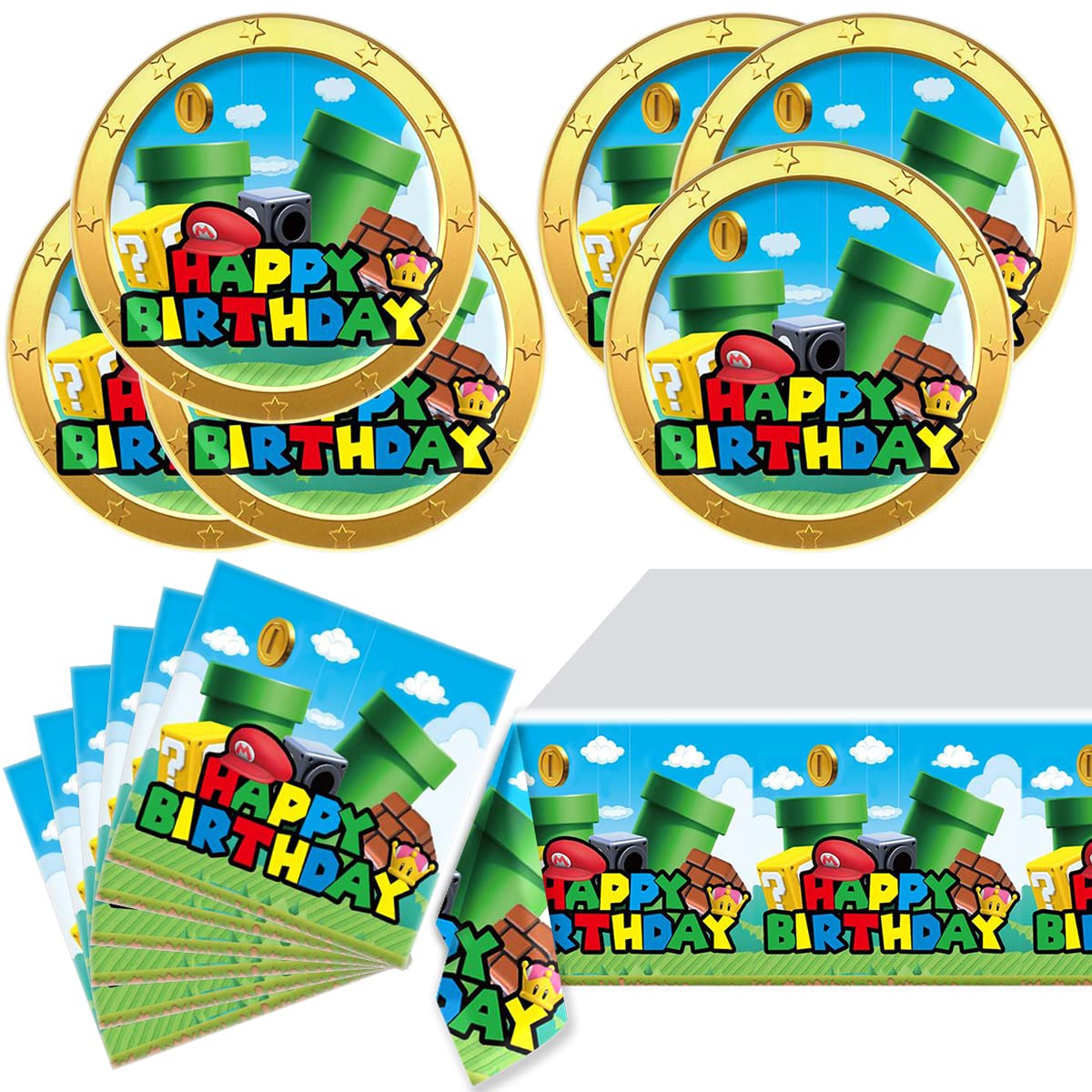 OULUN Super Bros Party Tableware Set – 20 Plates, 20 Napkins, 71x42 Tablecloth