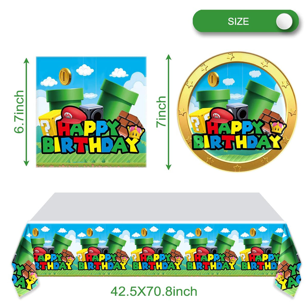 OULUN Super Bros Party Tableware Set – 20 Plates, 20 Napkins, 71x42 Tablecloth