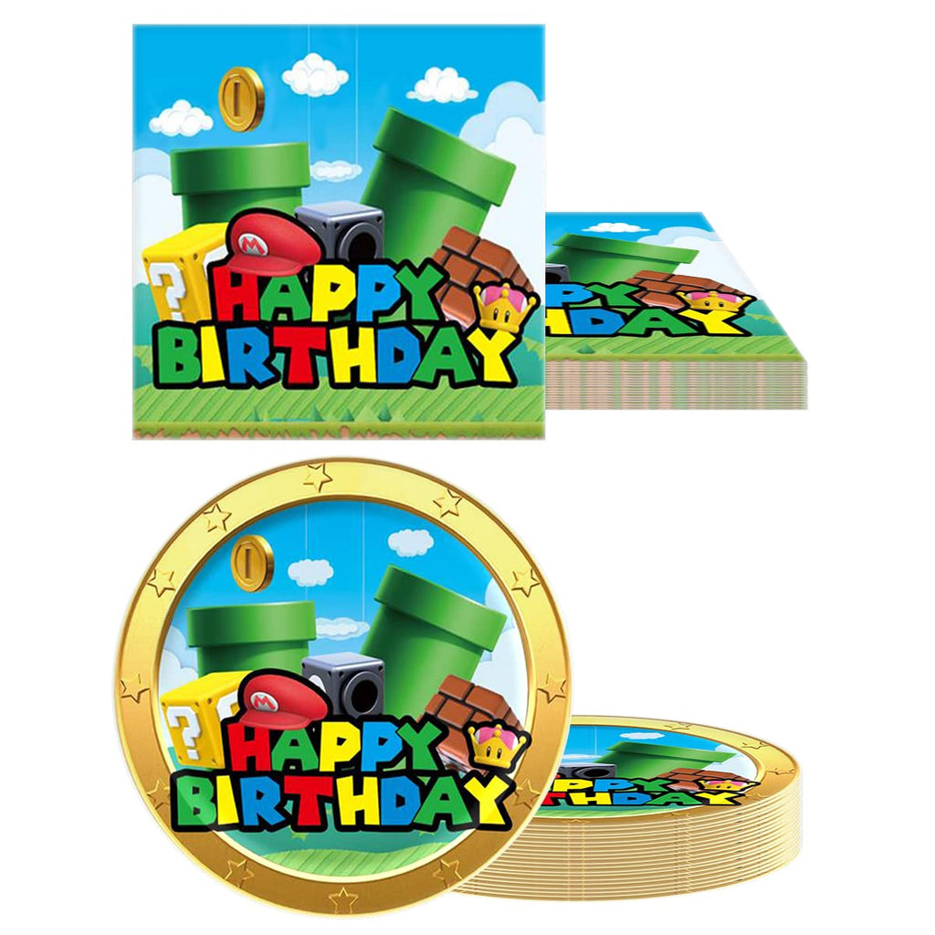 OULUN Super Bros Party Tableware Set – 20 Plates, 20 Napkins, 71x42 Tablecloth