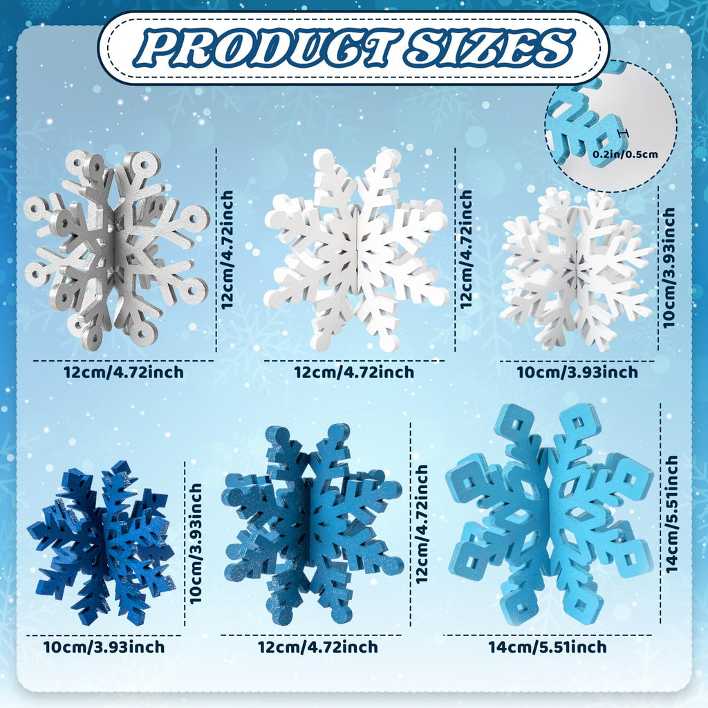 OuMuaMua 6-Set Snowflake Christmas Table Decorations – Blue & White Glitter 3D Wooden Centerpieces