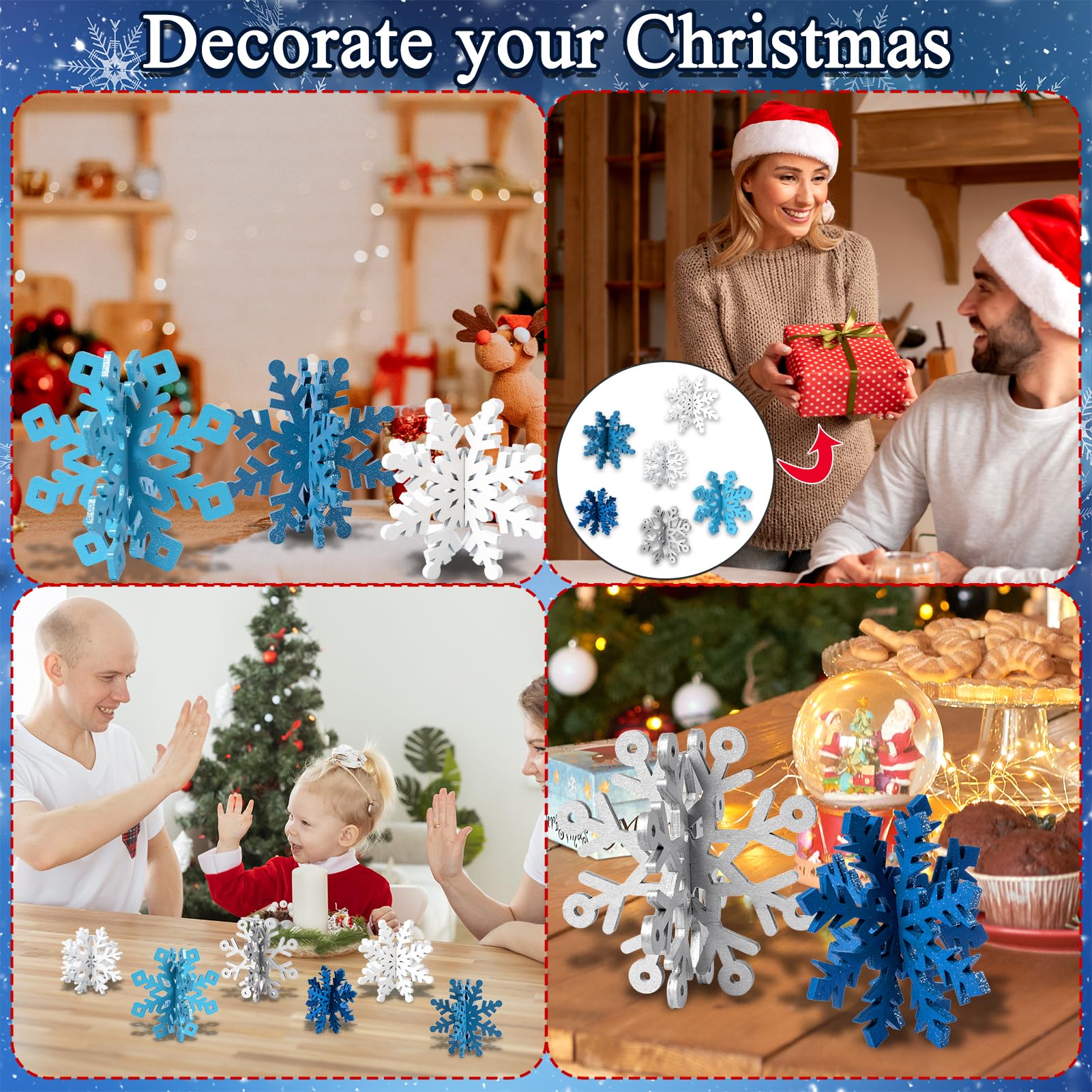 OuMuaMua 6-Set Snowflake Christmas Table Decorations – Blue & White Glitter 3D Wooden Centerpieces