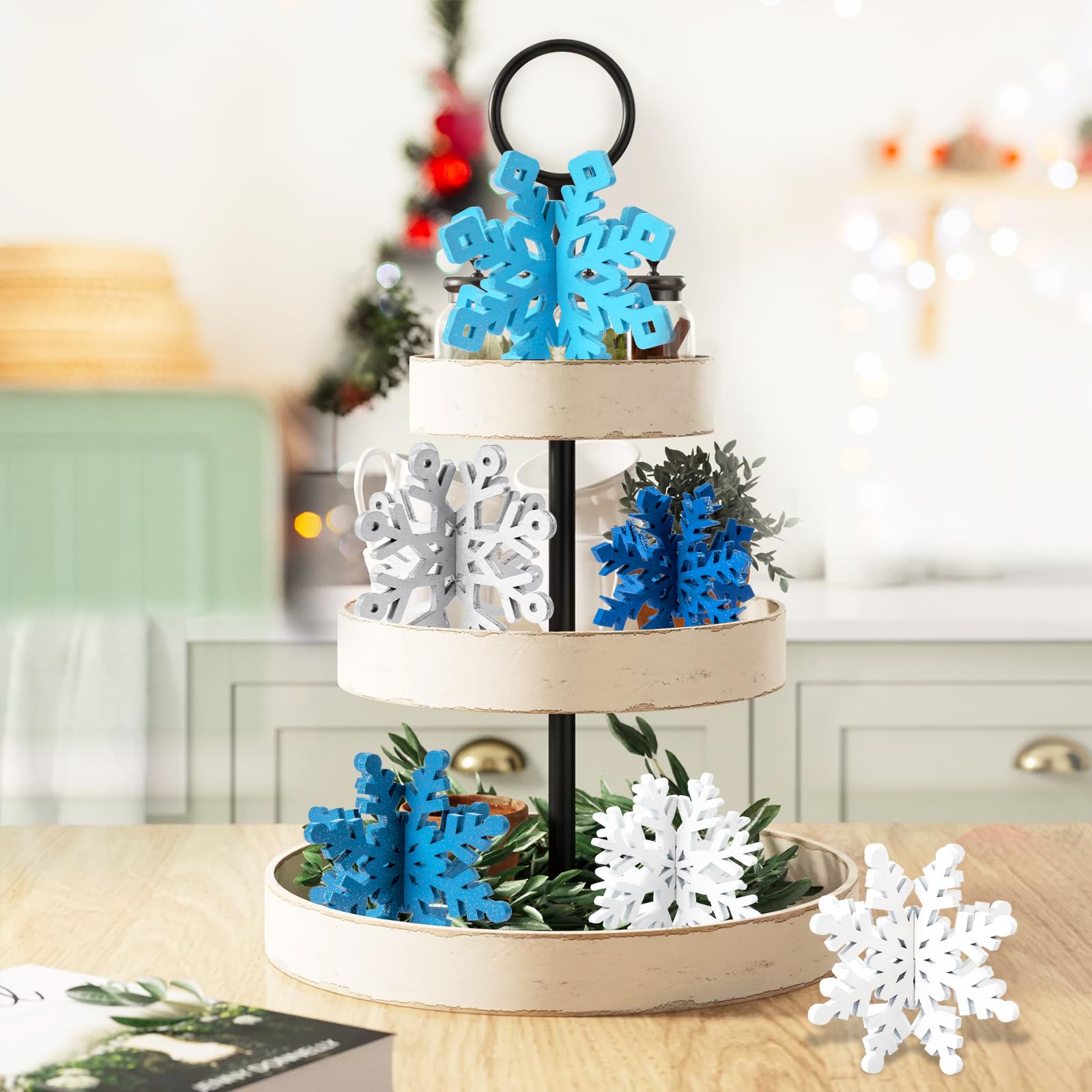OuMuaMua 6-Set Snowflake Christmas Table Decorations – Blue & White Glitter 3D Wooden Centerpieces