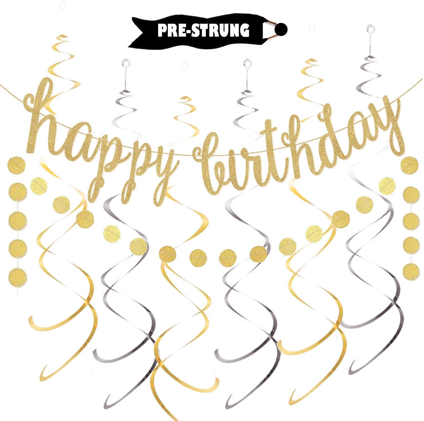 OuMuaMua Gold Happy Birthday Banner Kit – 3-in-1 Glittery Party Decor (Pre-Strung)