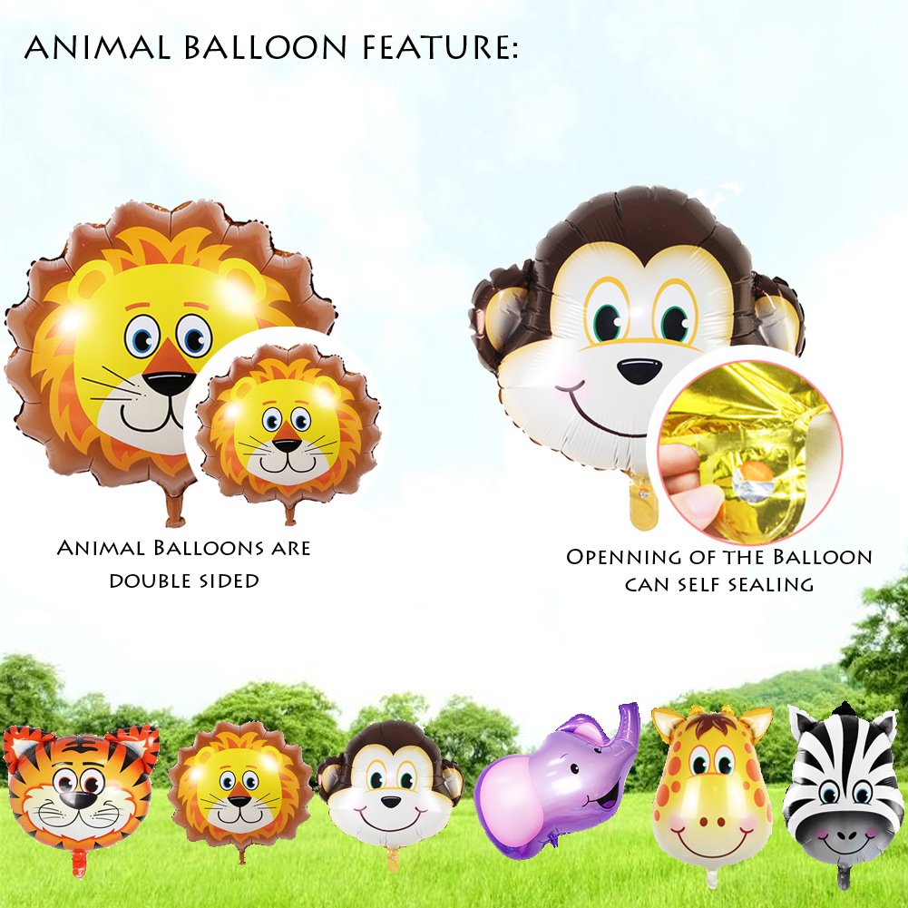 OuMuaMua Jungle Safari 6-Pack Giant Animal Balloons – Lion, Tiger, Monkey, Elephant, Zebra & Giraffe
