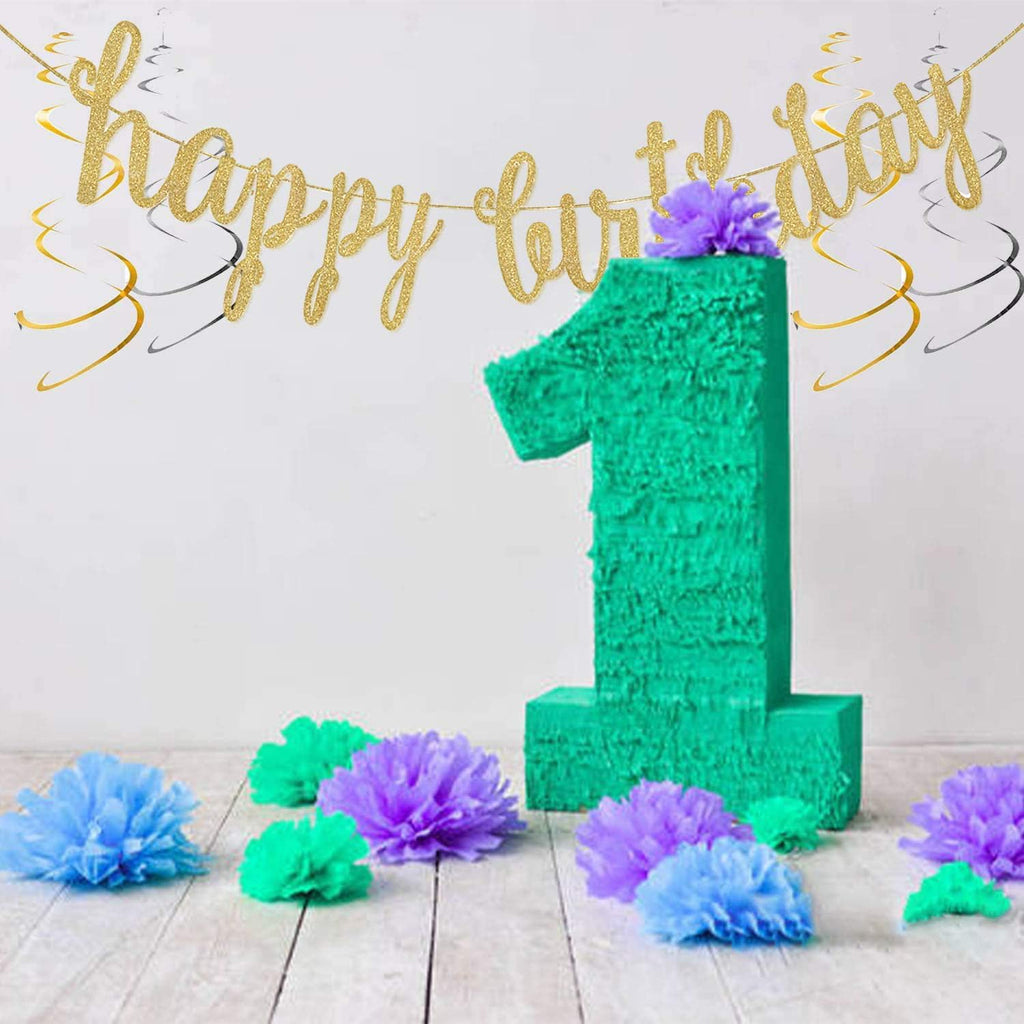 OuMuaMua Gold Happy Birthday Banner Kit – 3-in-1 Glittery Party Decor (Pre-Strung)