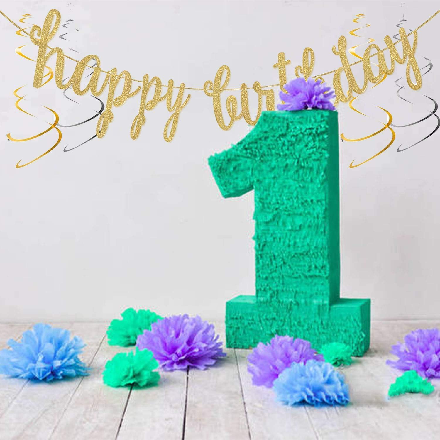 OuMuaMua Gold Happy Birthday Banner Kit – 3-in-1 Glittery Party Decor (Pre-Strung)