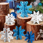 OuMuaMua 6-Set Snowflake Christmas Table Decorations – Blue & White Glitter 3D Wooden Centerpieces