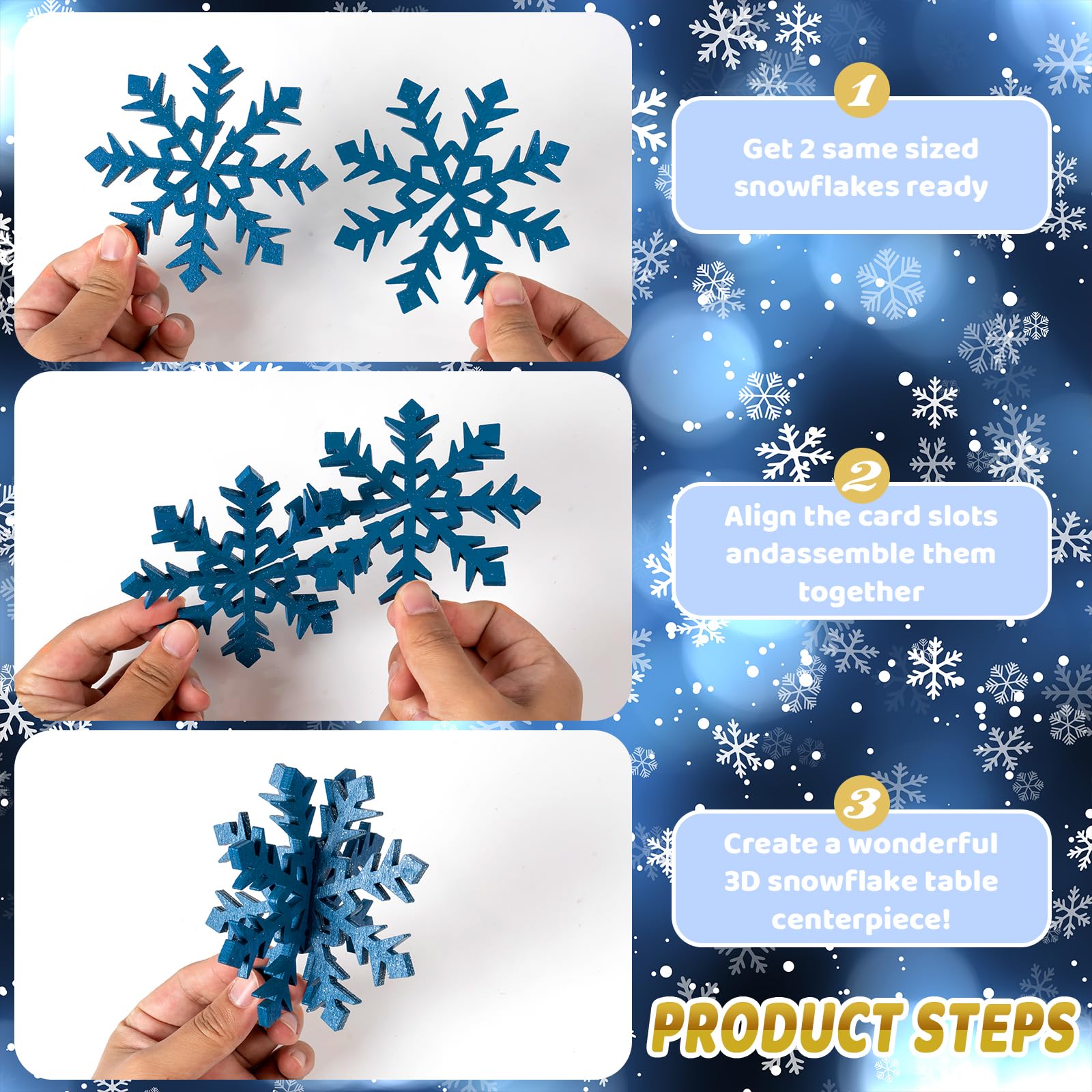 OuMuaMua 6-Set Snowflake Christmas Table Decorations – Blue & White Glitter 3D Wooden Centerpieces