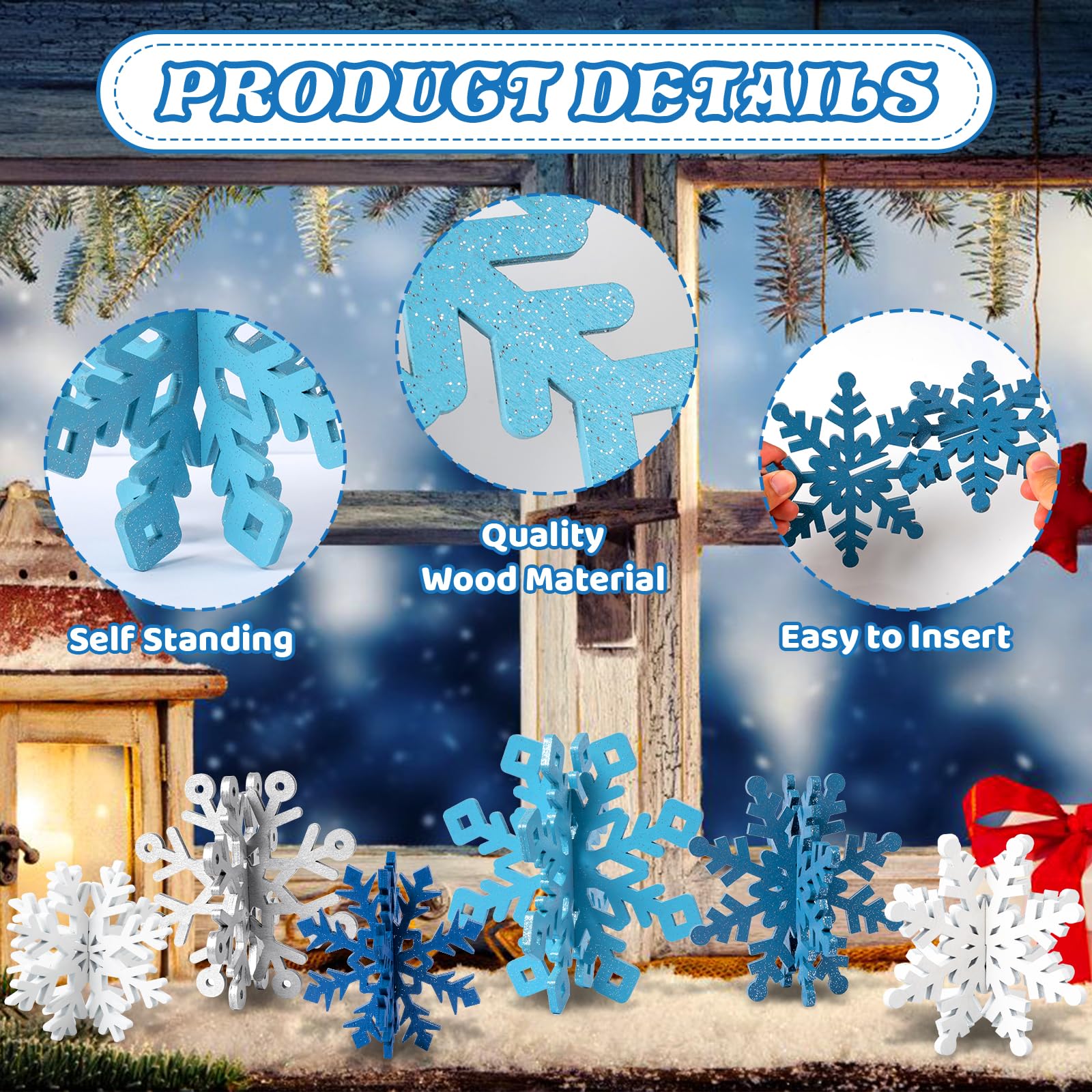 OuMuaMua 6-Set Snowflake Christmas Table Decorations – Blue & White Glitter 3D Wooden Centerpieces