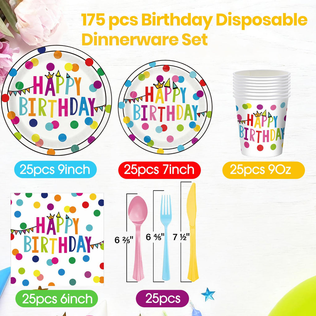 OUNIY Birthday Plates & Napkins Set – 175 Pcs for Kids' Party (Serves 25)