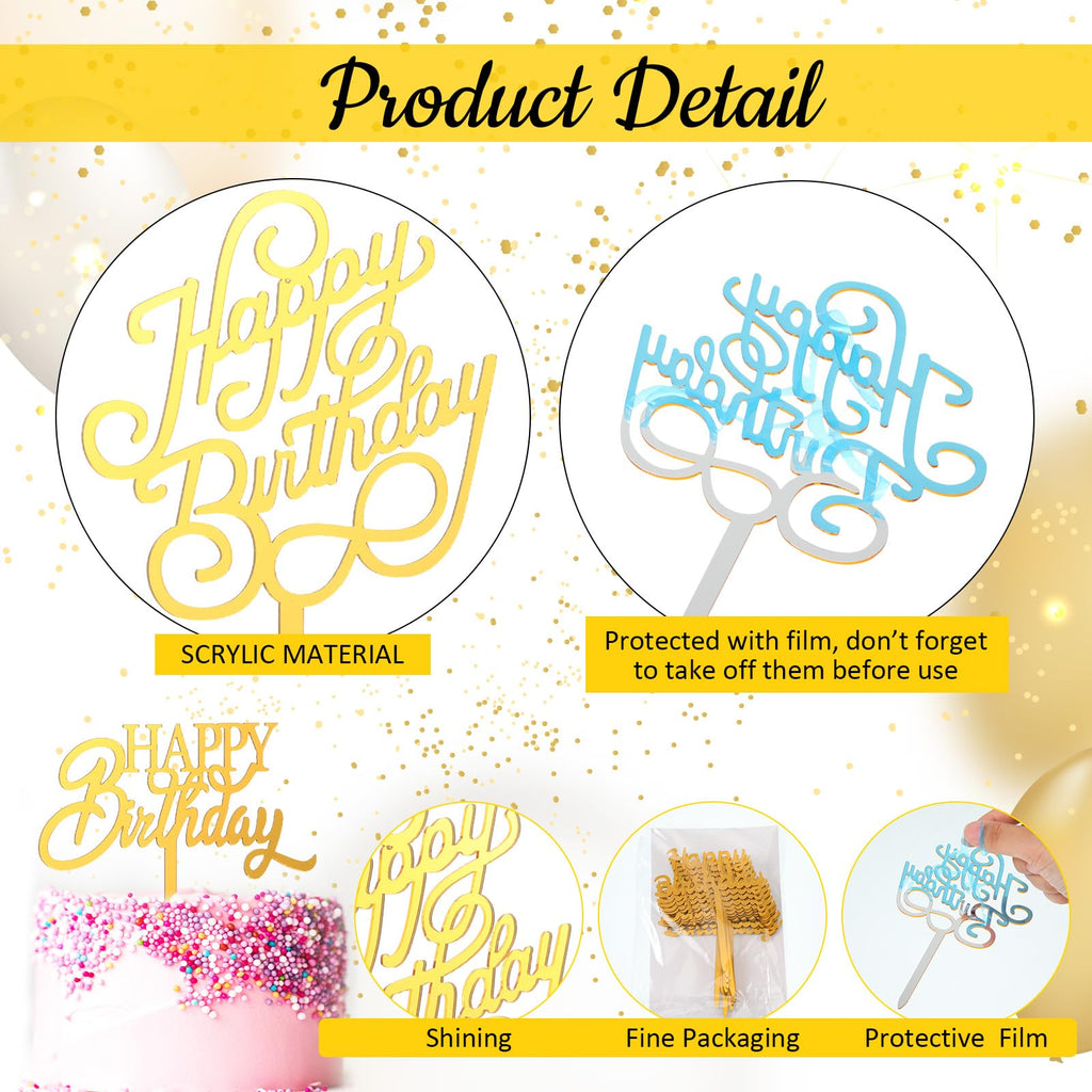 Outus 150 Pcs Gold Happy Birthday Cake Toppers - Double-Sided Acrylic Decorations for Cakes & Cupcakes