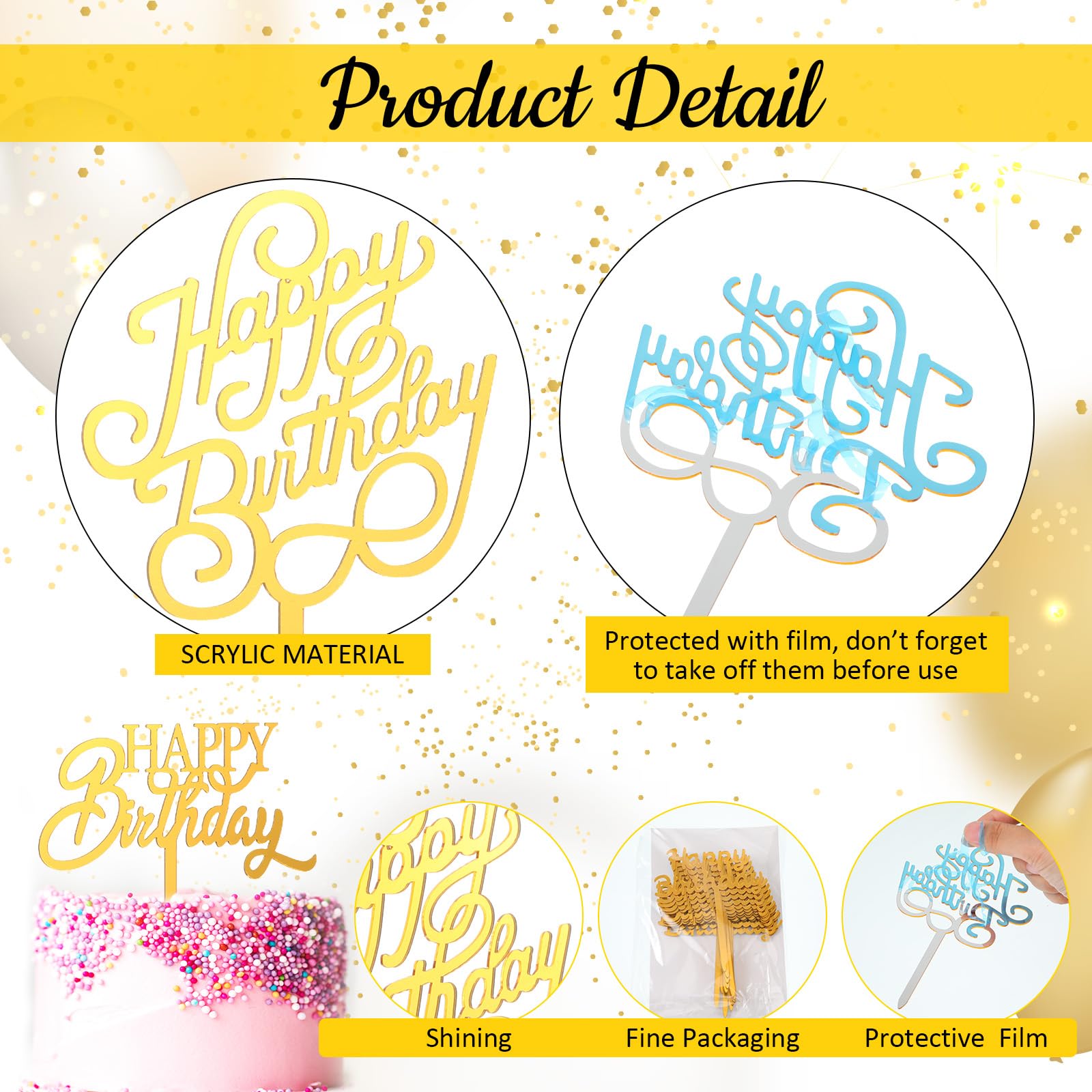 Outus 150 Pcs Gold Happy Birthday Cake Toppers - Double-Sided Acrylic Decorations for Cakes & Cupcakes