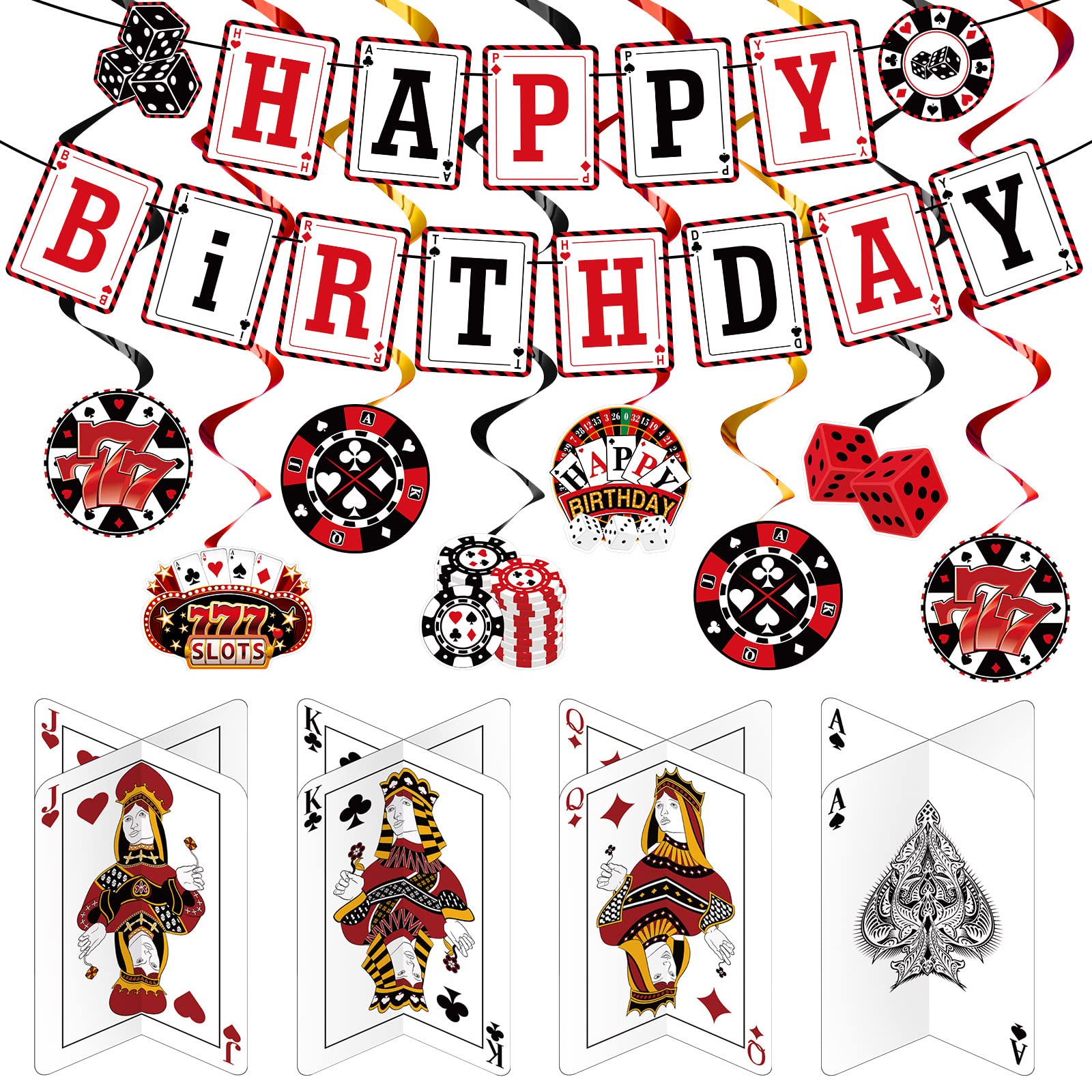 Outus 17 Pieces Casino Poker Theme Party Decorations | Birthday Banner, Swirls & 3D Table Toppers