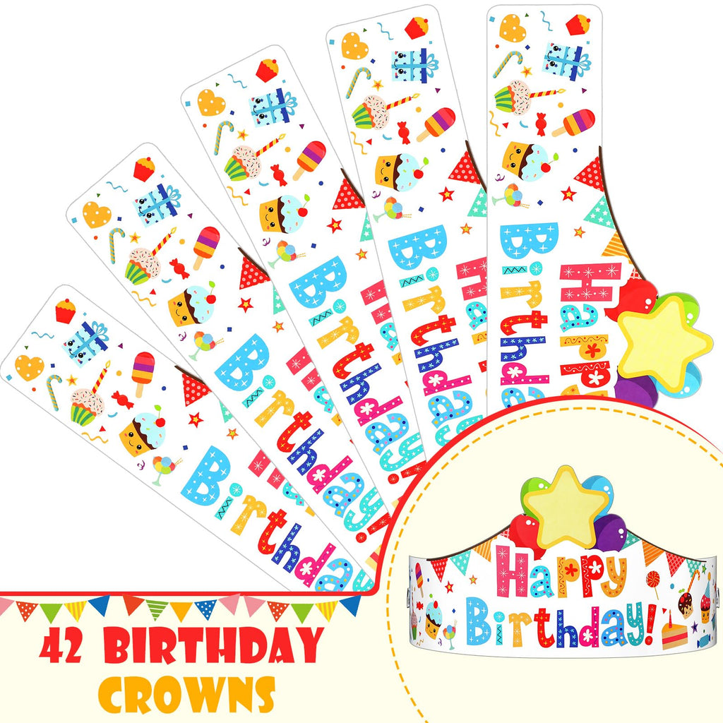 Outus 42 Pack Happy Birthday Crowns for Kids – Adjustable Elastic Bands, Classroom Party Hats