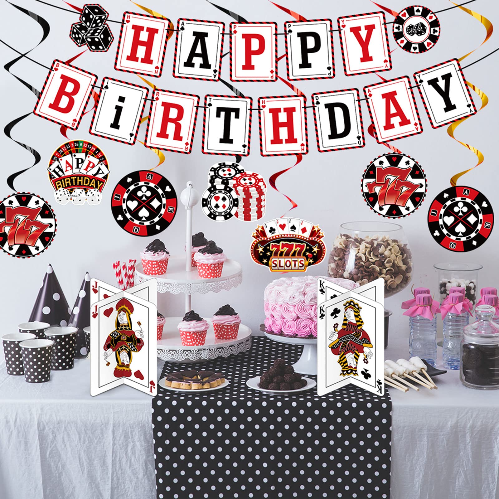 Outus 17 Pieces Casino Poker Theme Party Decorations | Birthday Banner, Swirls & 3D Table Toppers