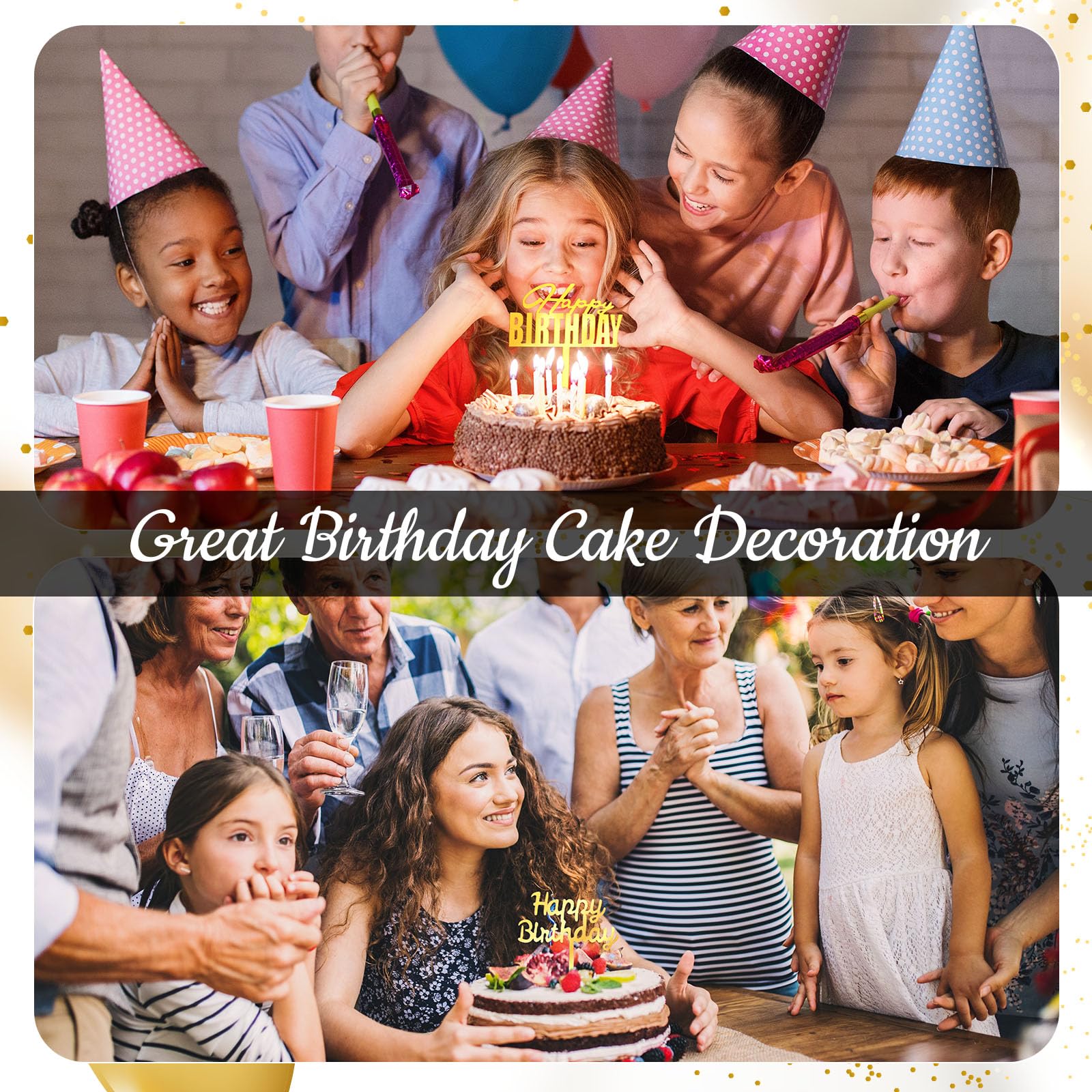 Outus 150 Pcs Gold Happy Birthday Cake Toppers - Double-Sided Acrylic Decorations for Cakes & Cupcakes
