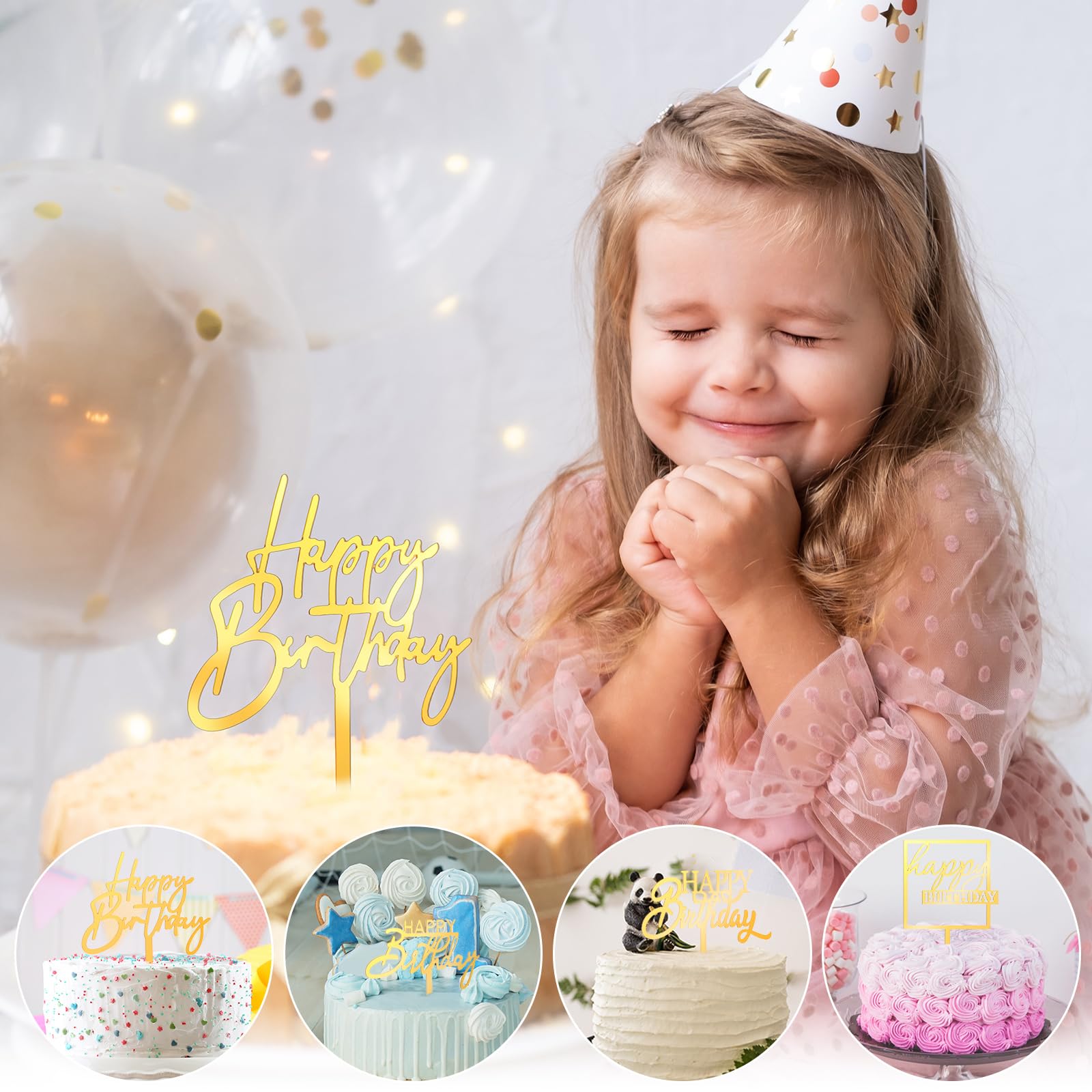 Outus 150 Pcs Gold Happy Birthday Cake Toppers - Double-Sided Acrylic Decorations for Cakes & Cupcakes
