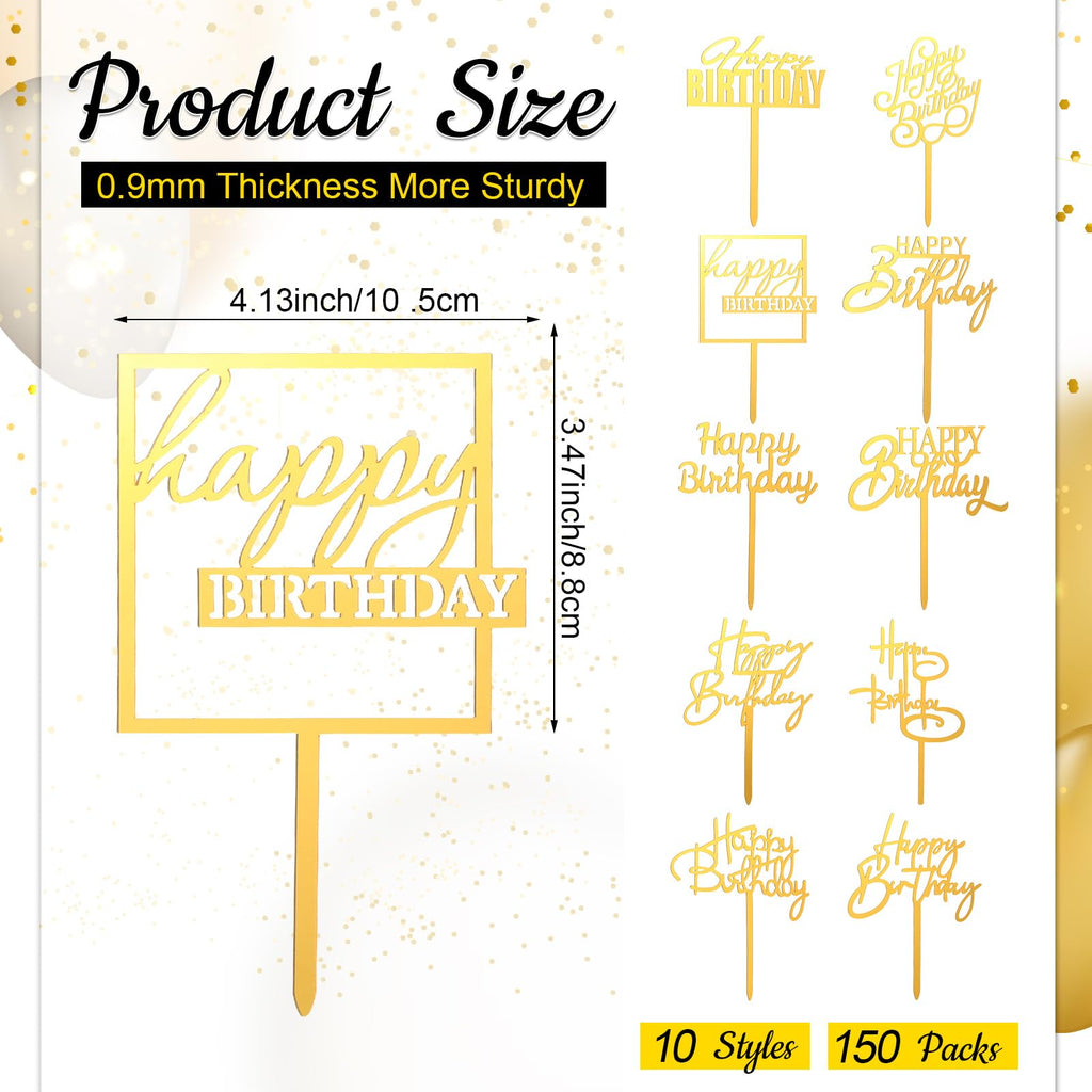 Outus 150 Pcs Gold Happy Birthday Cake Toppers - Double-Sided Acrylic Decorations for Cakes & Cupcakes