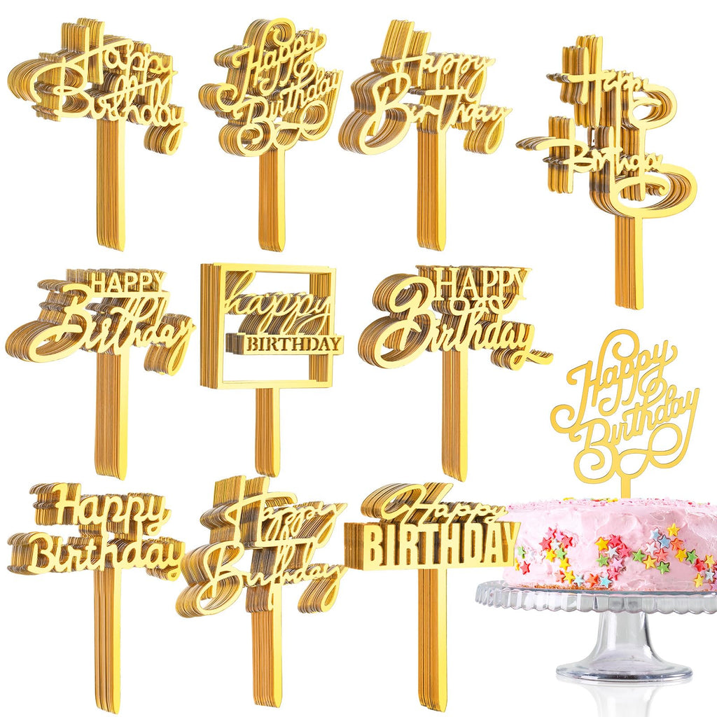 Outus 150 Pcs Gold Happy Birthday Cake Toppers - Double-Sided Acrylic Decorations for Cakes & Cupcakes