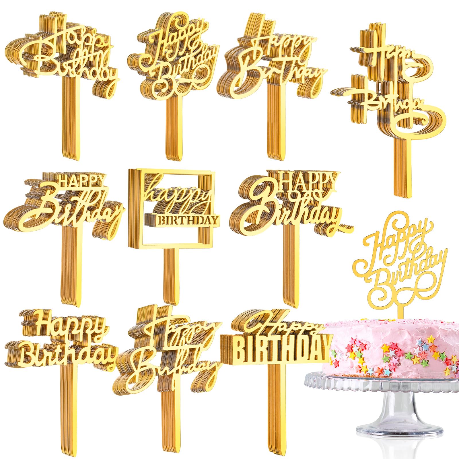 Outus 150 Pcs Gold Happy Birthday Cake Toppers - Double-Sided Acrylic Decorations for Cakes & Cupcakes