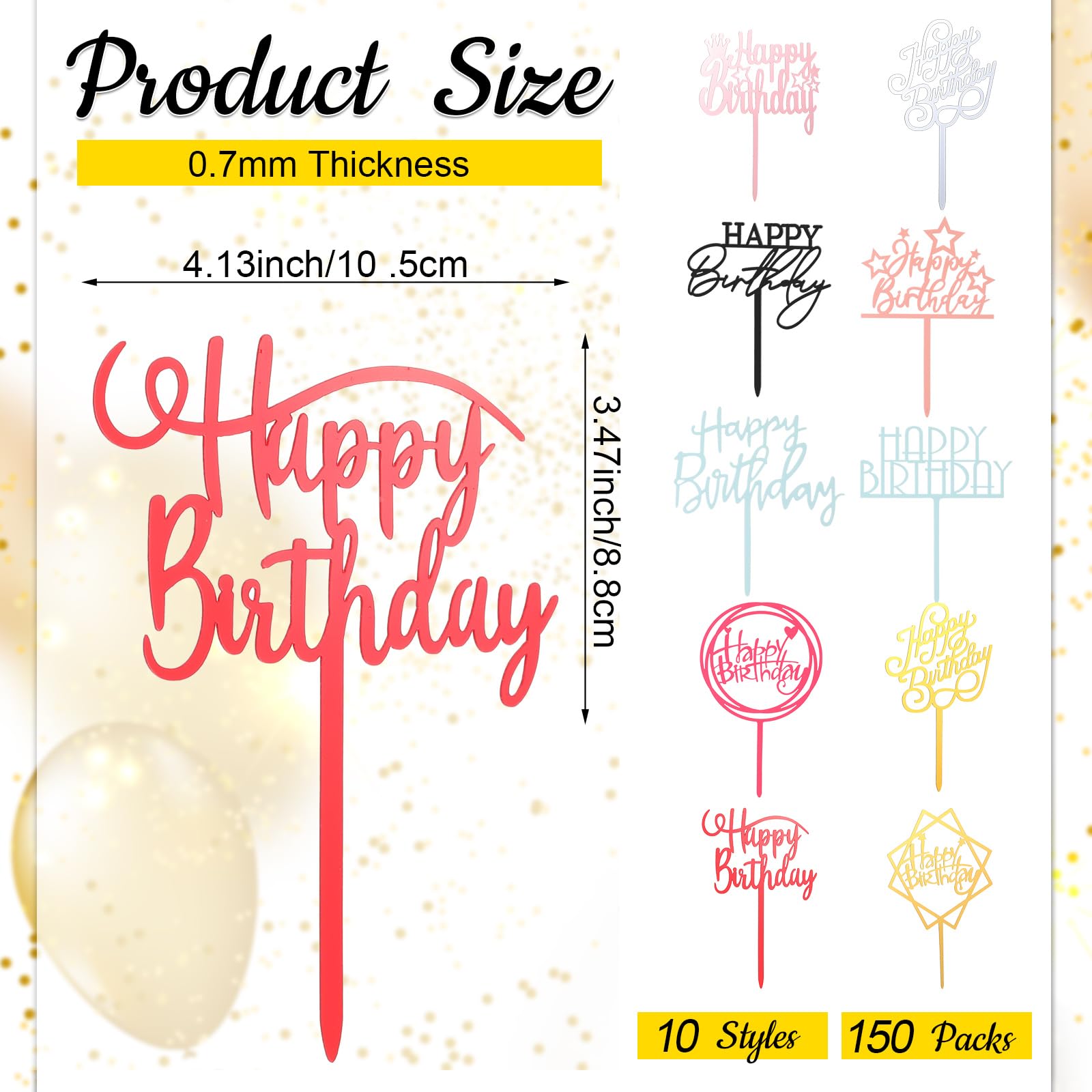 Outus 150 Pcs Happy Birthday Cake Toppers – Acrylic, Double-Sided, Multicolor