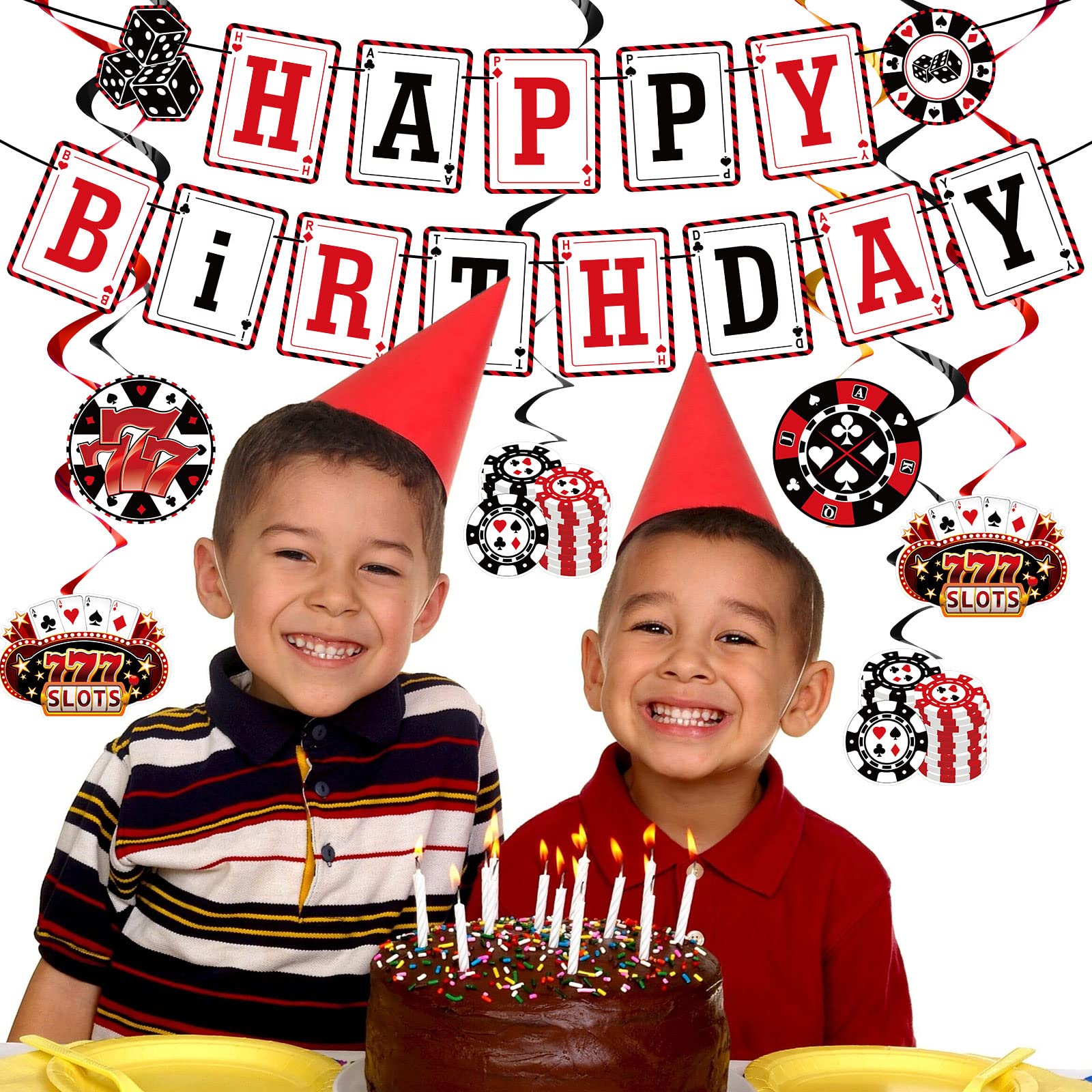 Outus 17 Pieces Casino Poker Theme Party Decorations | Birthday Banner, Swirls & 3D Table Toppers
