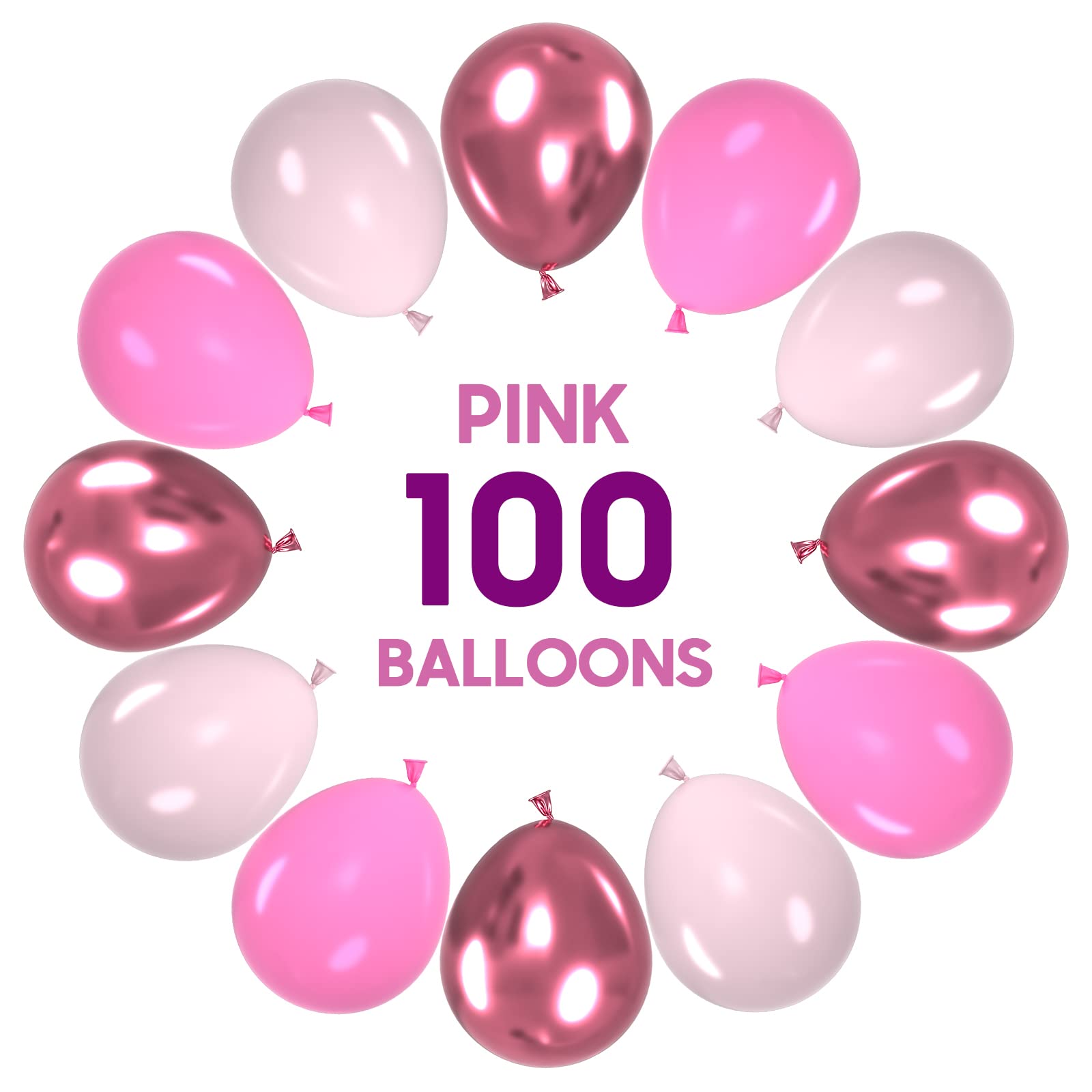 OWill Pink Balloons Set 100pcs 12in Metallic Pink for Birthday, Baby Shower, Wedding & Arch Garland