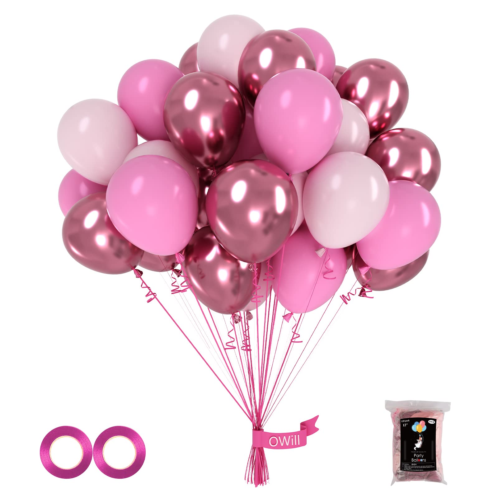 OWill Pink Balloons Set 100pcs 12in Metallic Pink for Birthday, Baby Shower, Wedding & Arch Garland