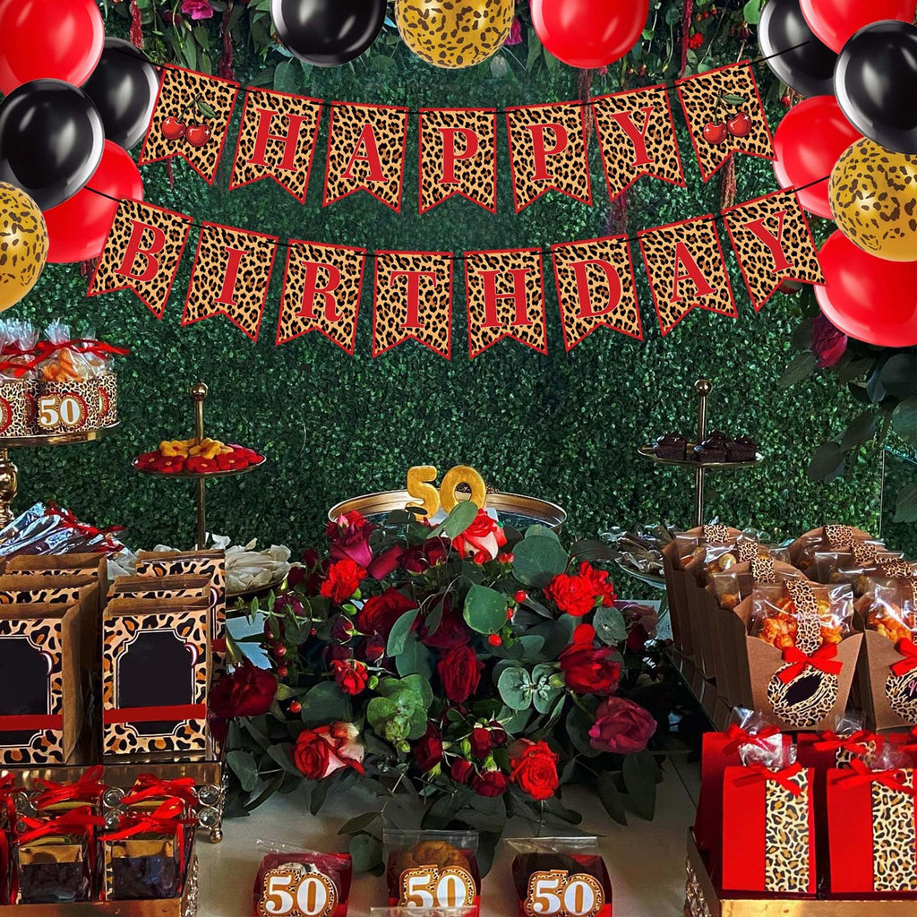OWWOPATS Cheetah Cherry Birthday Decorations Kit – Leopard Print Banner & Balloons