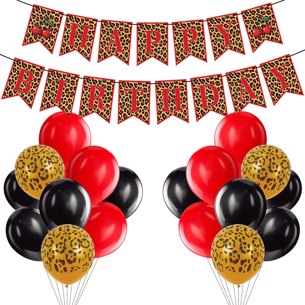 OWWOPATS Cheetah Cherry Birthday Decorations Kit – Leopard Print Banner & Balloons
