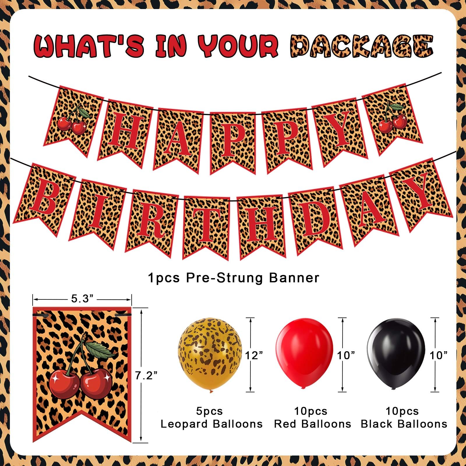OWWOPATS Cheetah Cherry Birthday Decorations Kit – Leopard Print Banner & Balloons