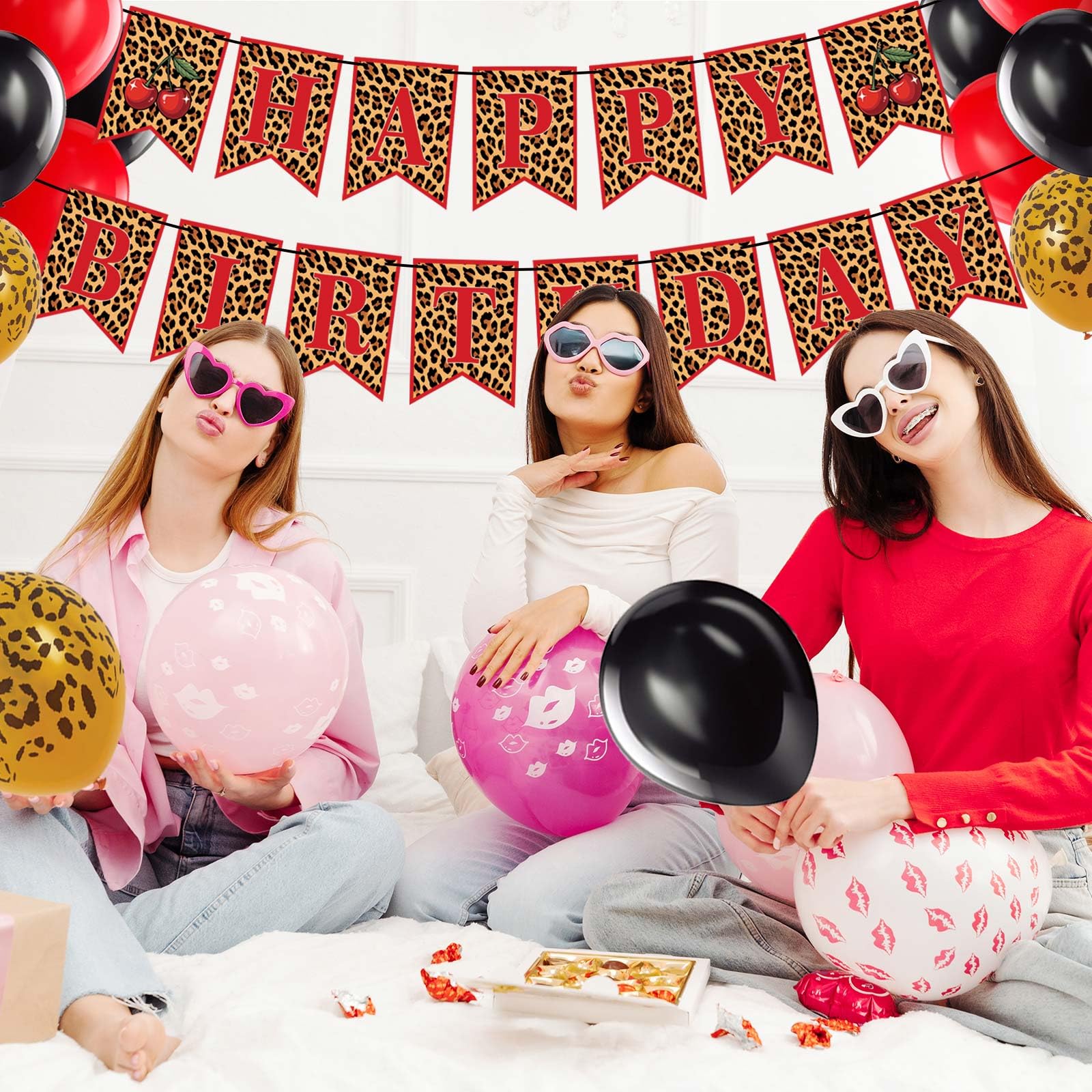OWWOPATS Cheetah Cherry Birthday Decorations Kit – Leopard Print Banner & Balloons