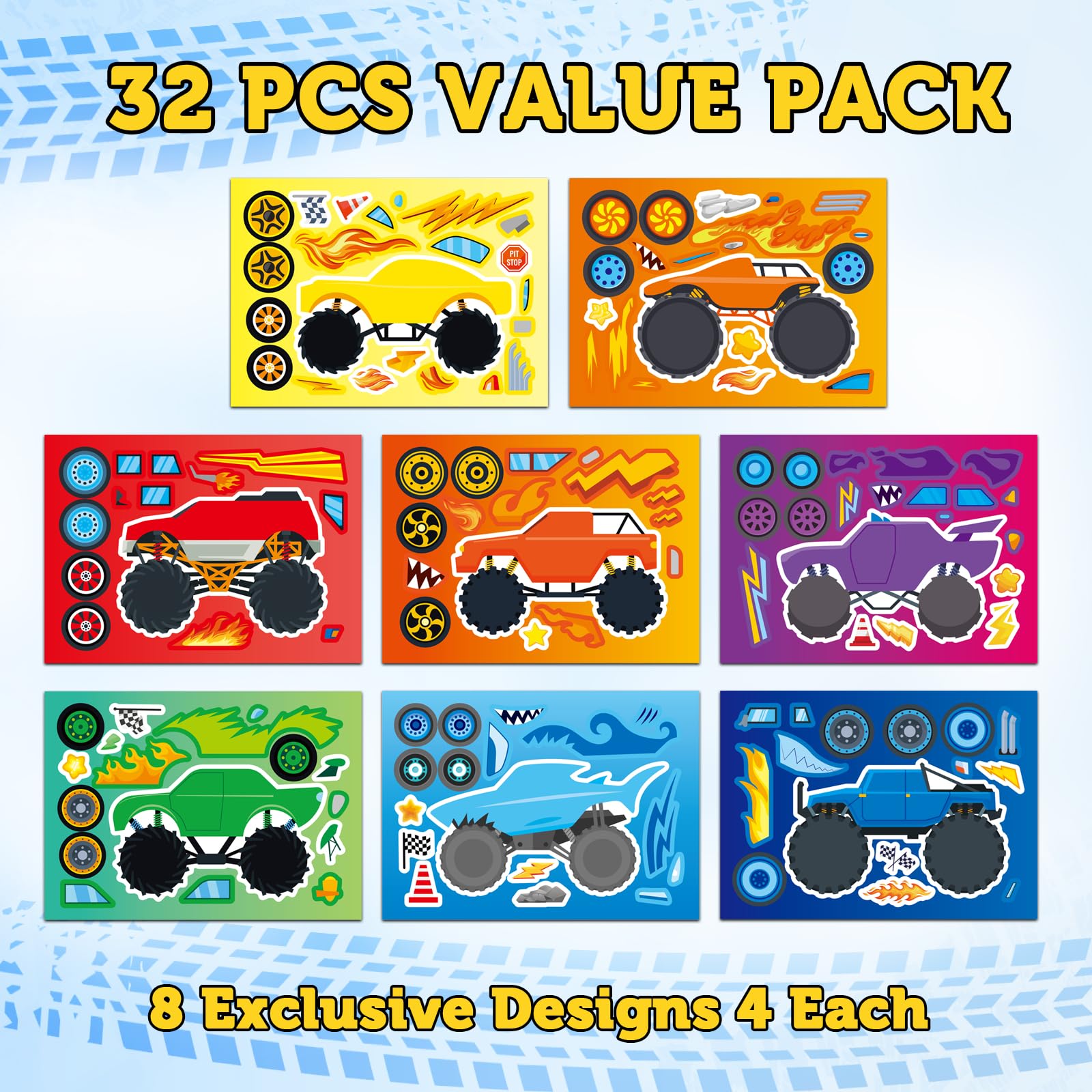 Ozepao 32 Sheets Monster Trucks Stickers – Kids Party Favors & DIY Crafts