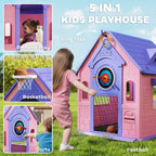 AIYAPLAY 5-in-1 Playhouse for Kids Outdoor Indoor with Basketball Hoop, Football Goal, Dartboard, Ring Toss for 2-5 Years, Pink