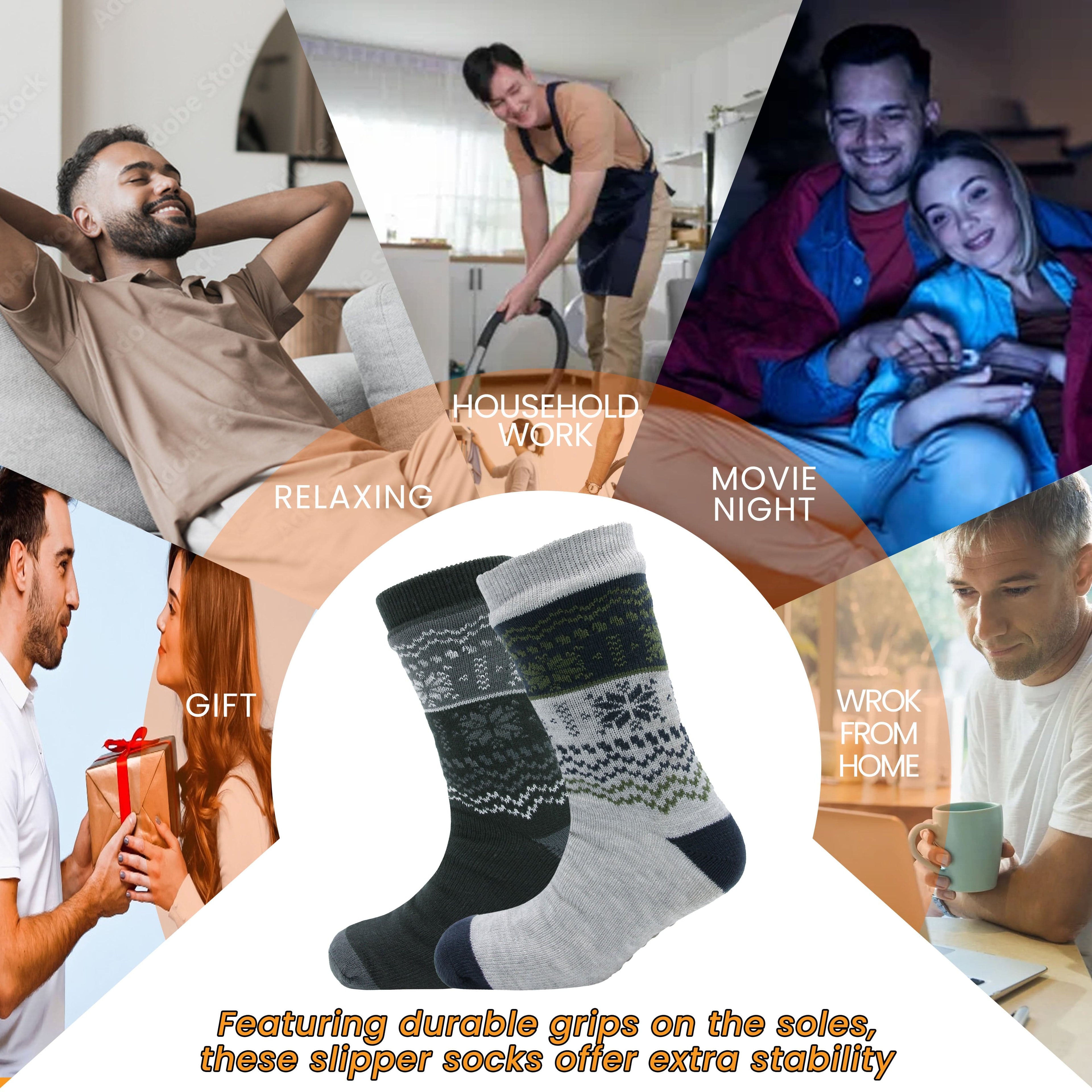Sock Stack Men's Chunky Knit Slipper Socks With Grips Pack Of 2 Thick Warm Non Slip