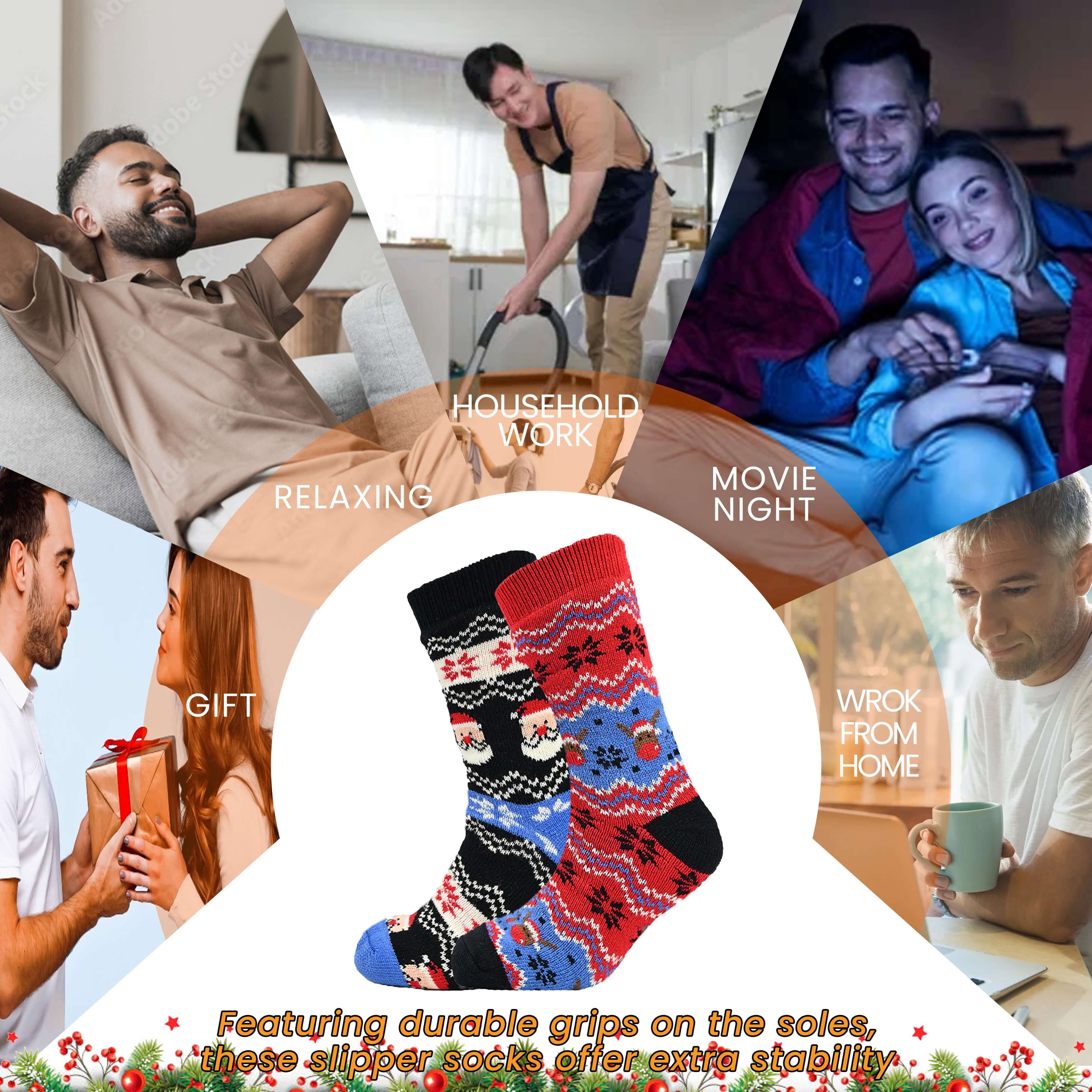 Sock Stack Pack Of 2 Men's Festive Chunky Knit Slipper Socks With Grips Non Slip Sole