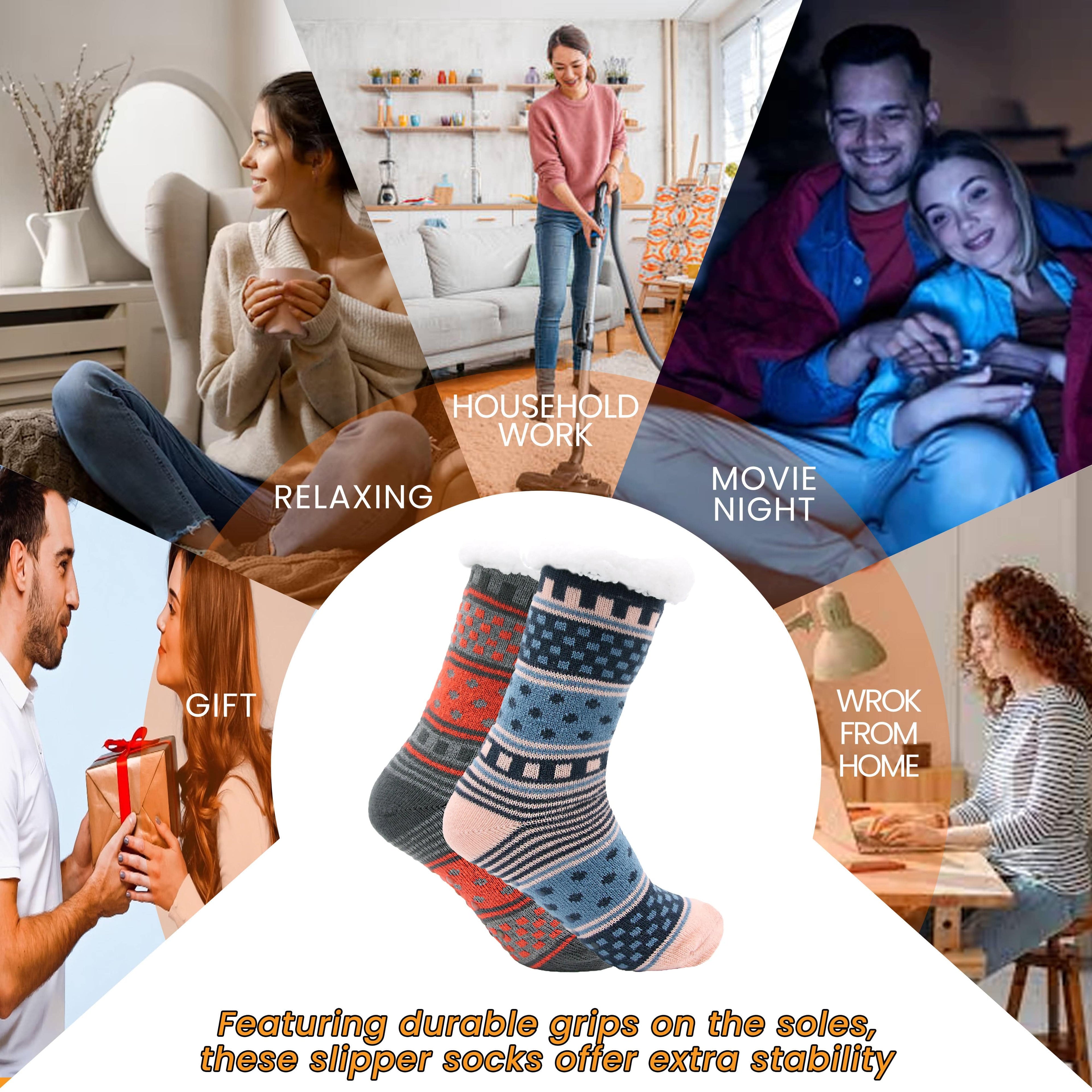 Sock Stack Women's Fur Lined Chunky Slipper Socks Pack Of 2 Non Slip Knitted Lounge Socks