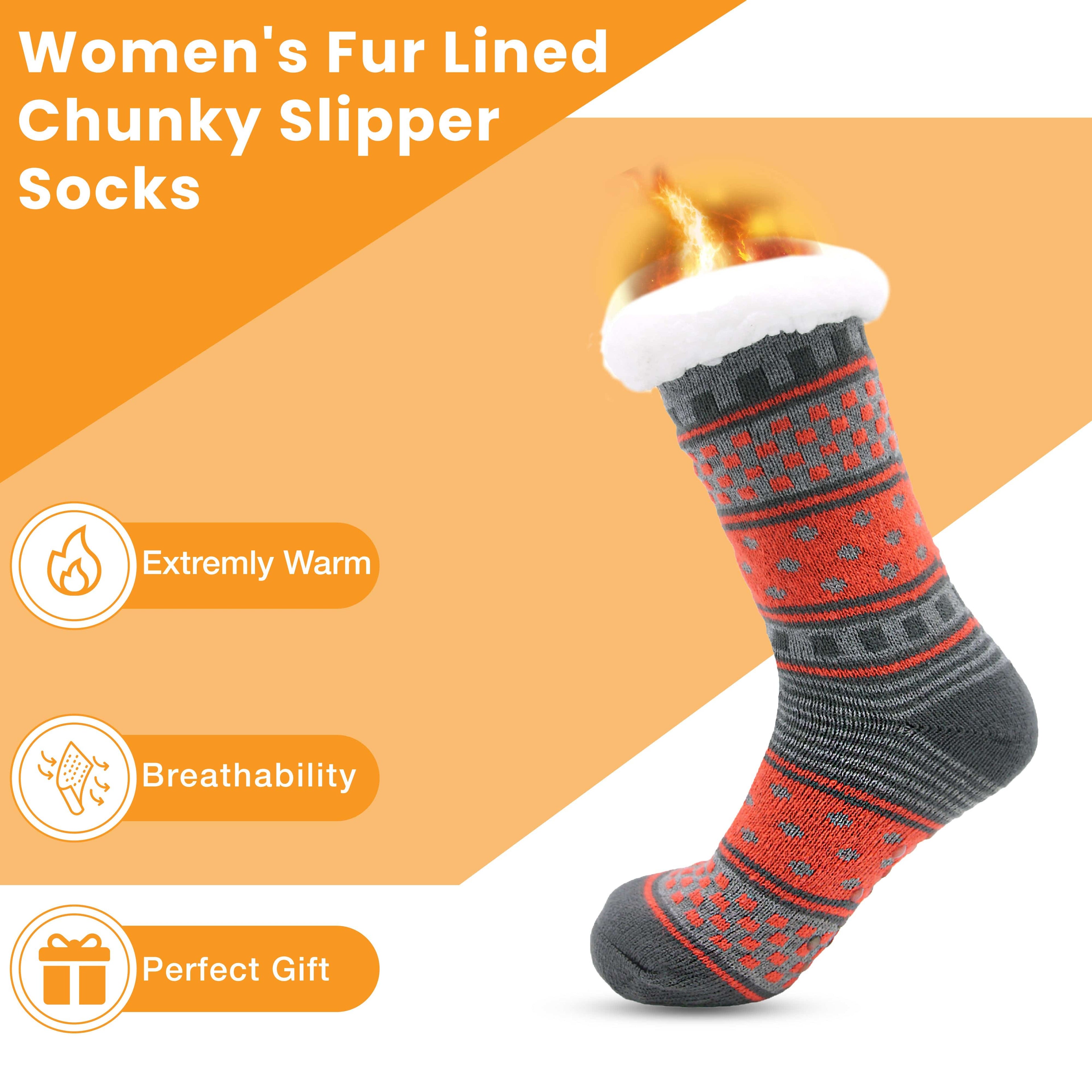 Sock Stack Women's Fur Lined Chunky Slipper Socks Pack Of 2 Non Slip Knitted Lounge Socks