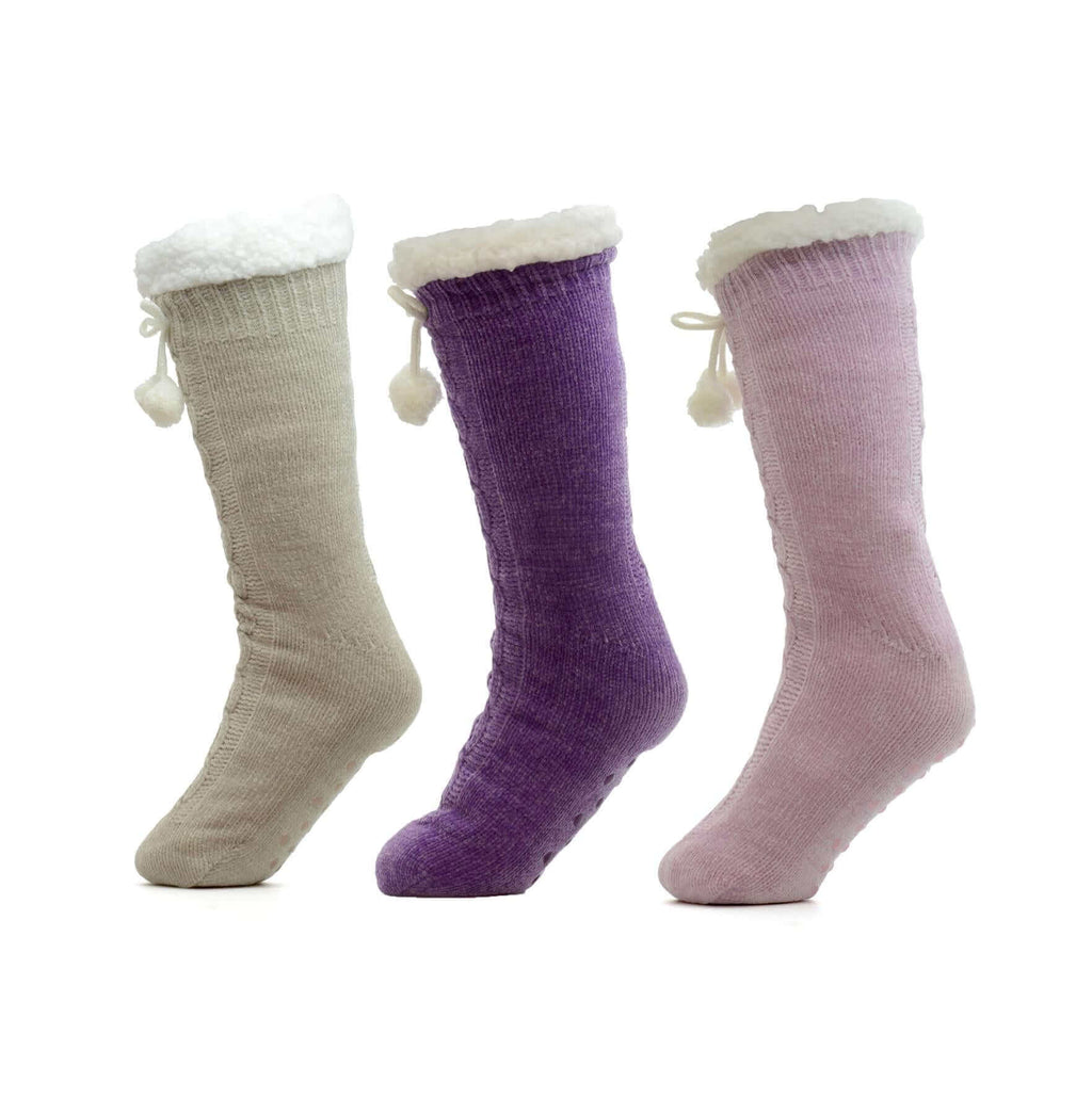 Sock Stack Women's Slipper Socks Pack Of 3 Chunky Knit Fur-Lined Non-Slip Grips UK