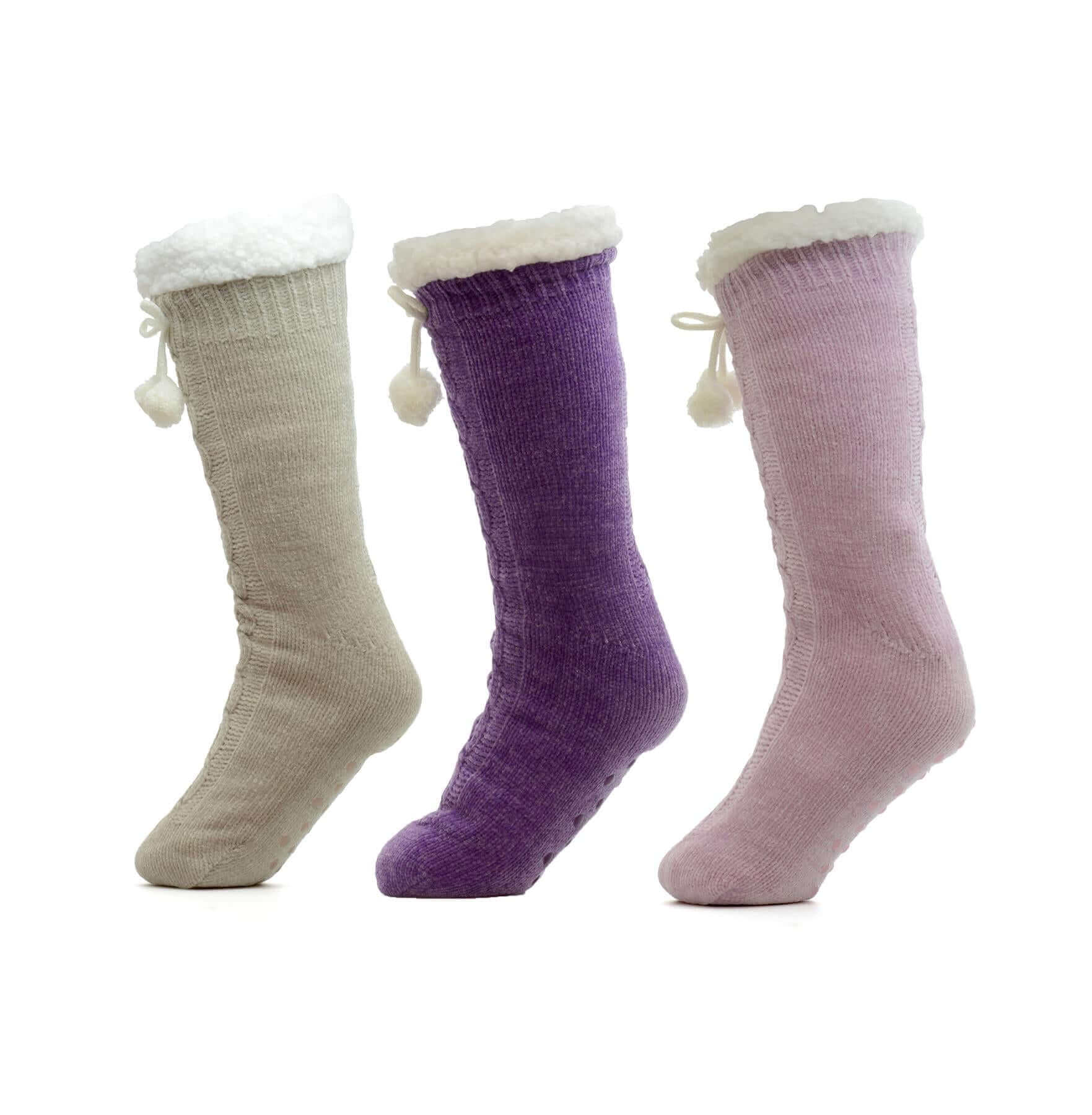 Sock Stack Women's Slipper Socks Pack Of 3 Chunky Knit Fur-Lined Non-Slip Grips UK