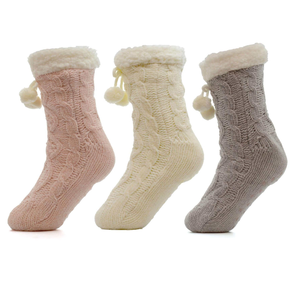 Sock Stack Women's Slipper Socks Pack Of 3 Chunky Knit Fur-Lined Non-Slip Grips UK
