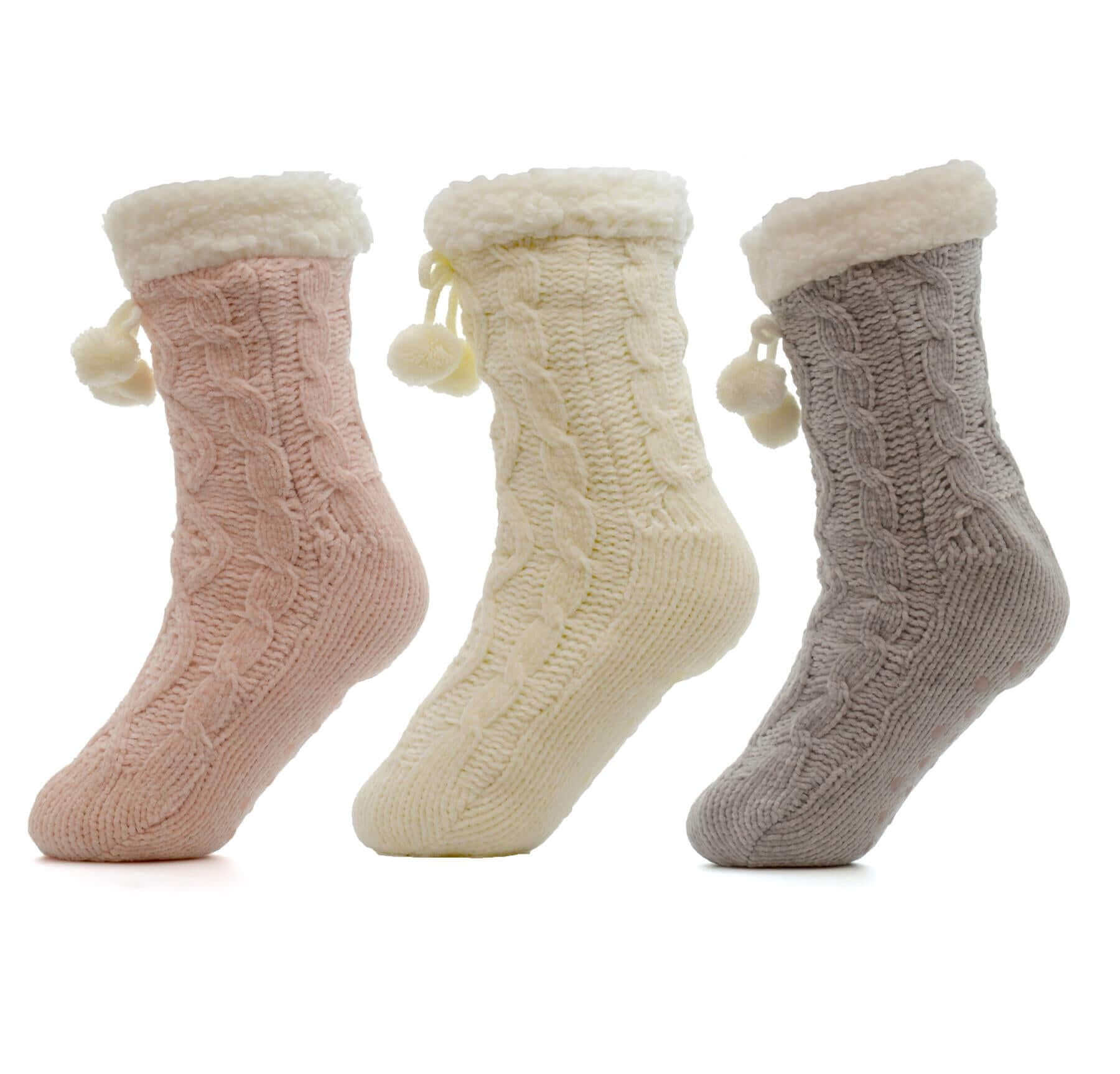 Sock Stack Women's Slipper Socks Pack Of 3 Chunky Knit Fur-Lined Non-Slip Grips UK