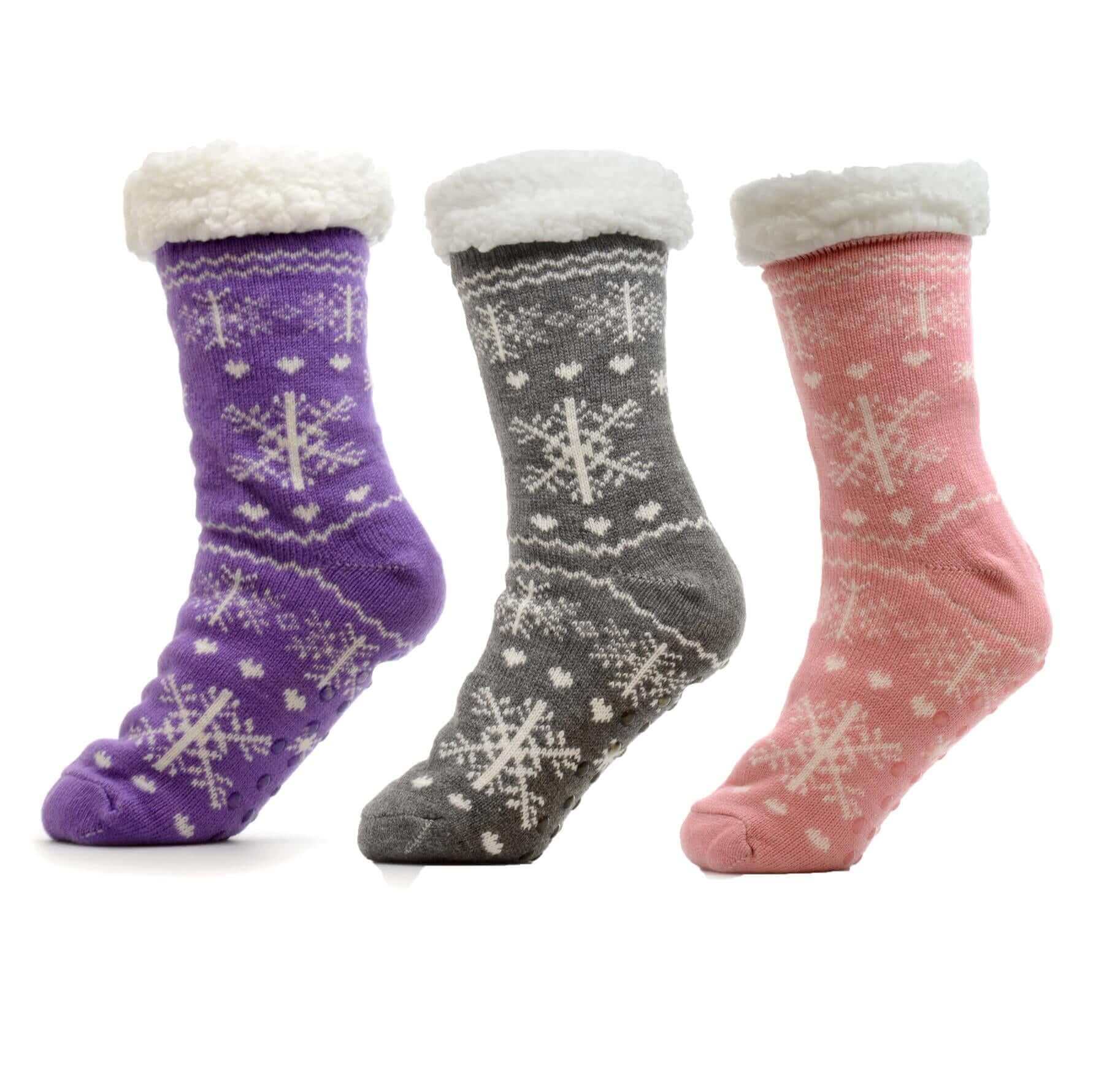 Sock Stack Women's Slipper Socks Pack Of 3 Chunky Knit Fur-Lined Non-Slip Grips UK