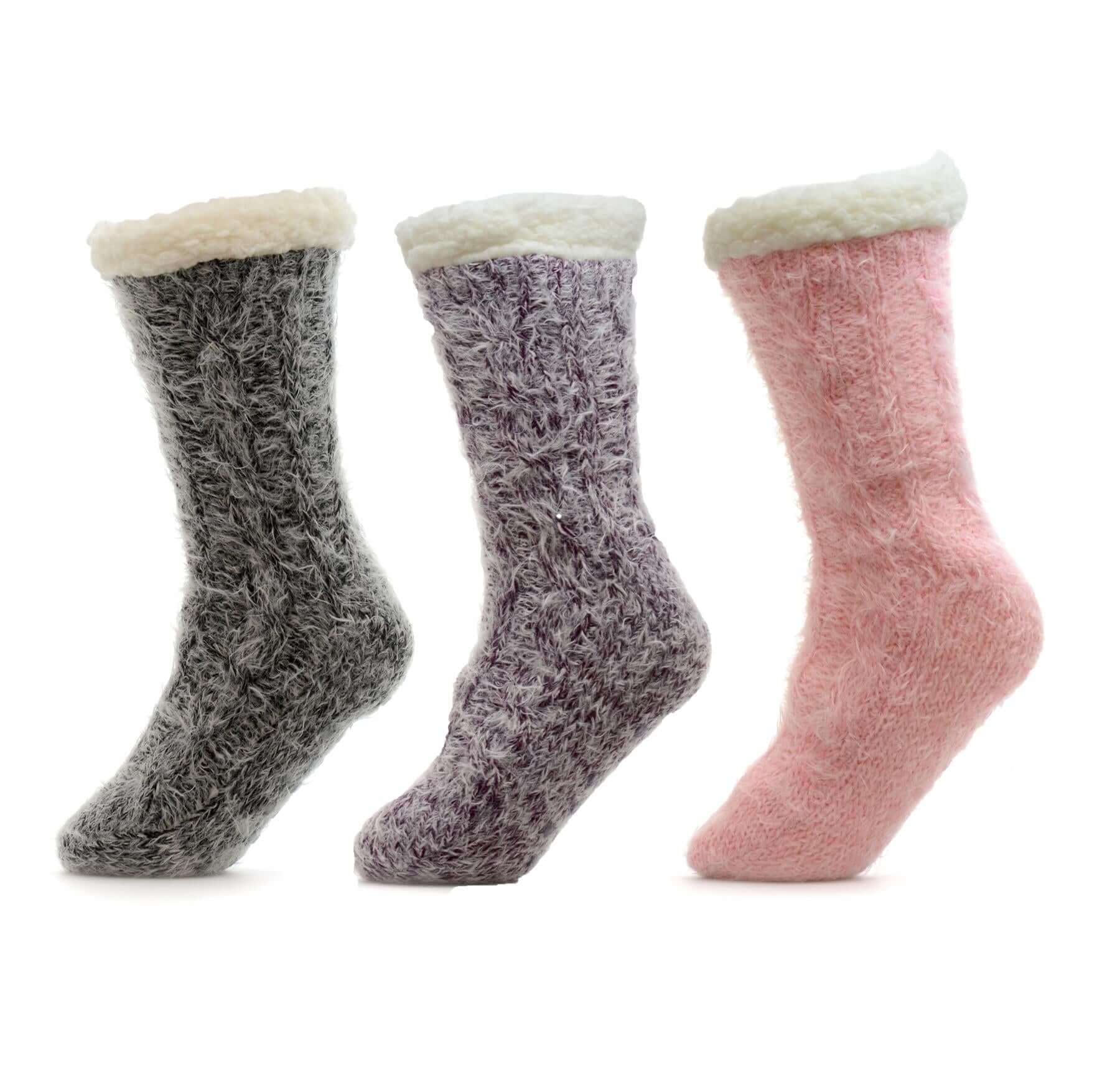 Sock Stack Women's Slipper Socks Pack Of 3 Chunky Knit Fur-Lined Non-Slip Grips UK
