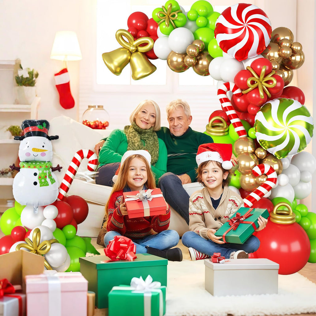 Paeyeq Christmas Balloon Arch Kit - Red Green Gold White with Snowman & Reindeer Foil Balloons