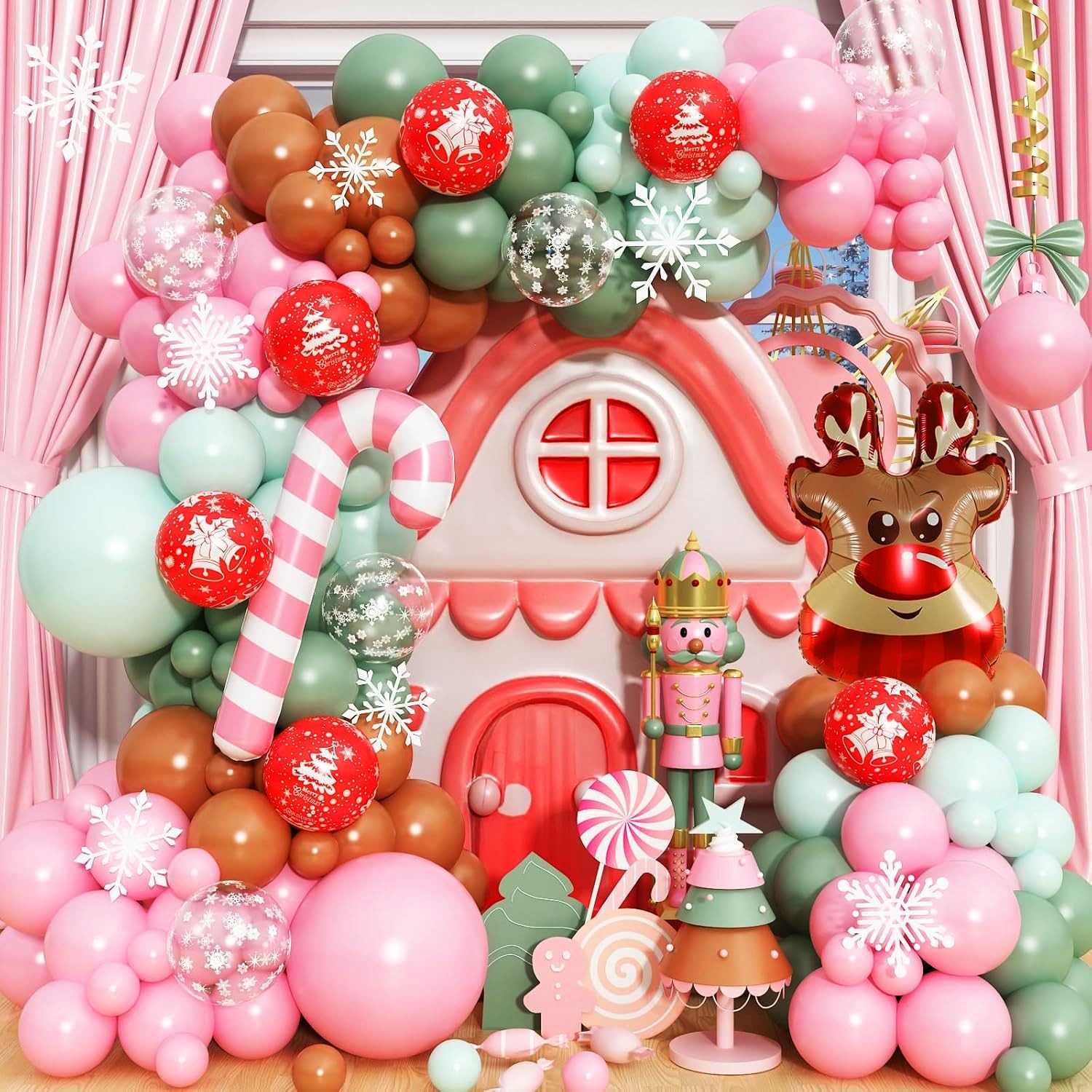 Paeyeq Christmas Balloon Arch Kit – Gingerbread Theme with Pastel Pink & Green Balloons