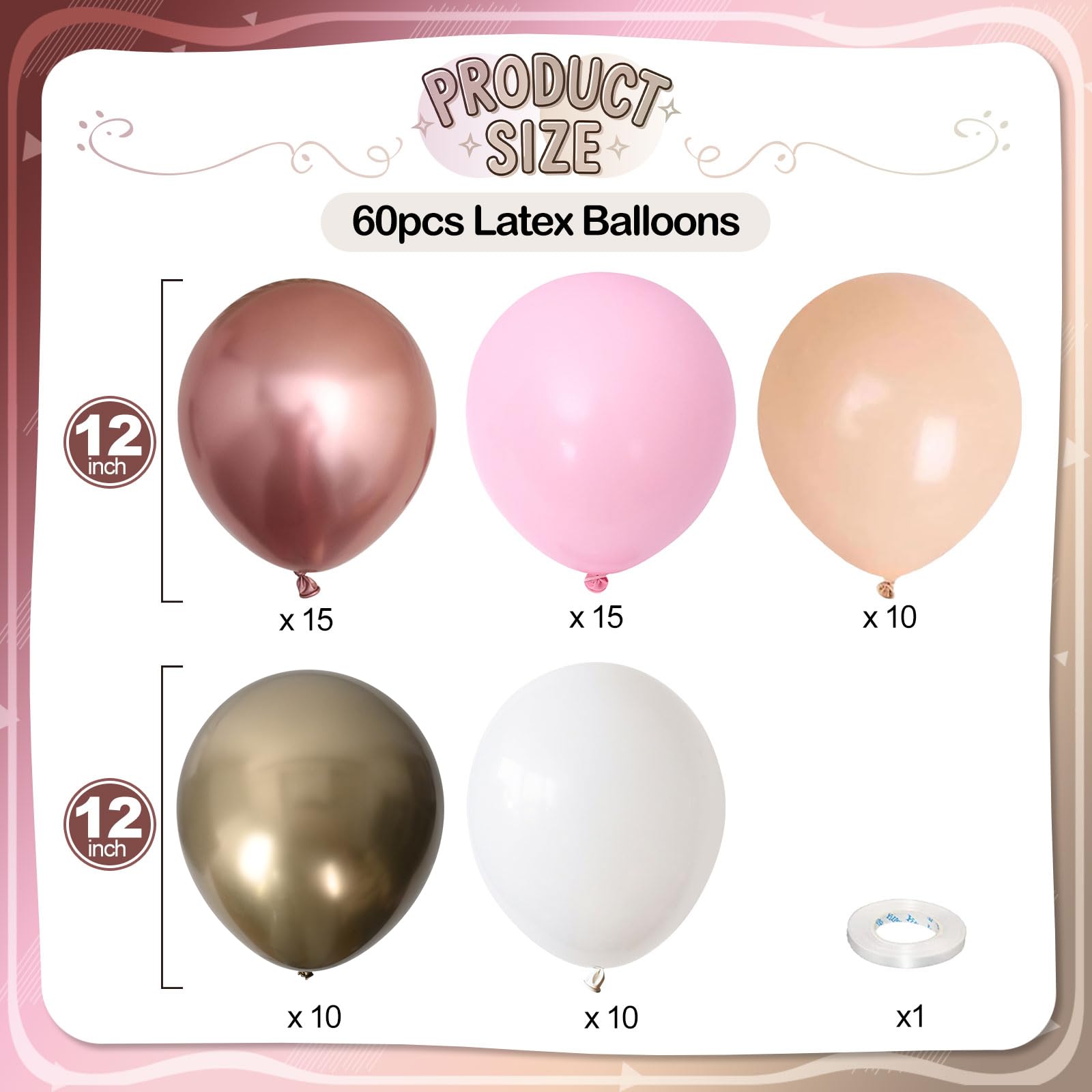 Paeyeq Rose Gold Balloons – 60 Pcs 12in Nude Pink Beige Gold White Party Decor