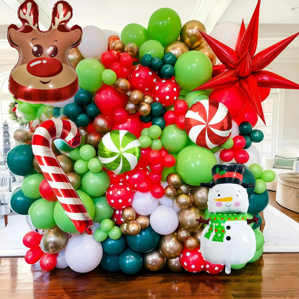 Paeyeq Christmas Balloon Arch Kit - Red Green Gold White with Snowman & Reindeer Foil Balloons