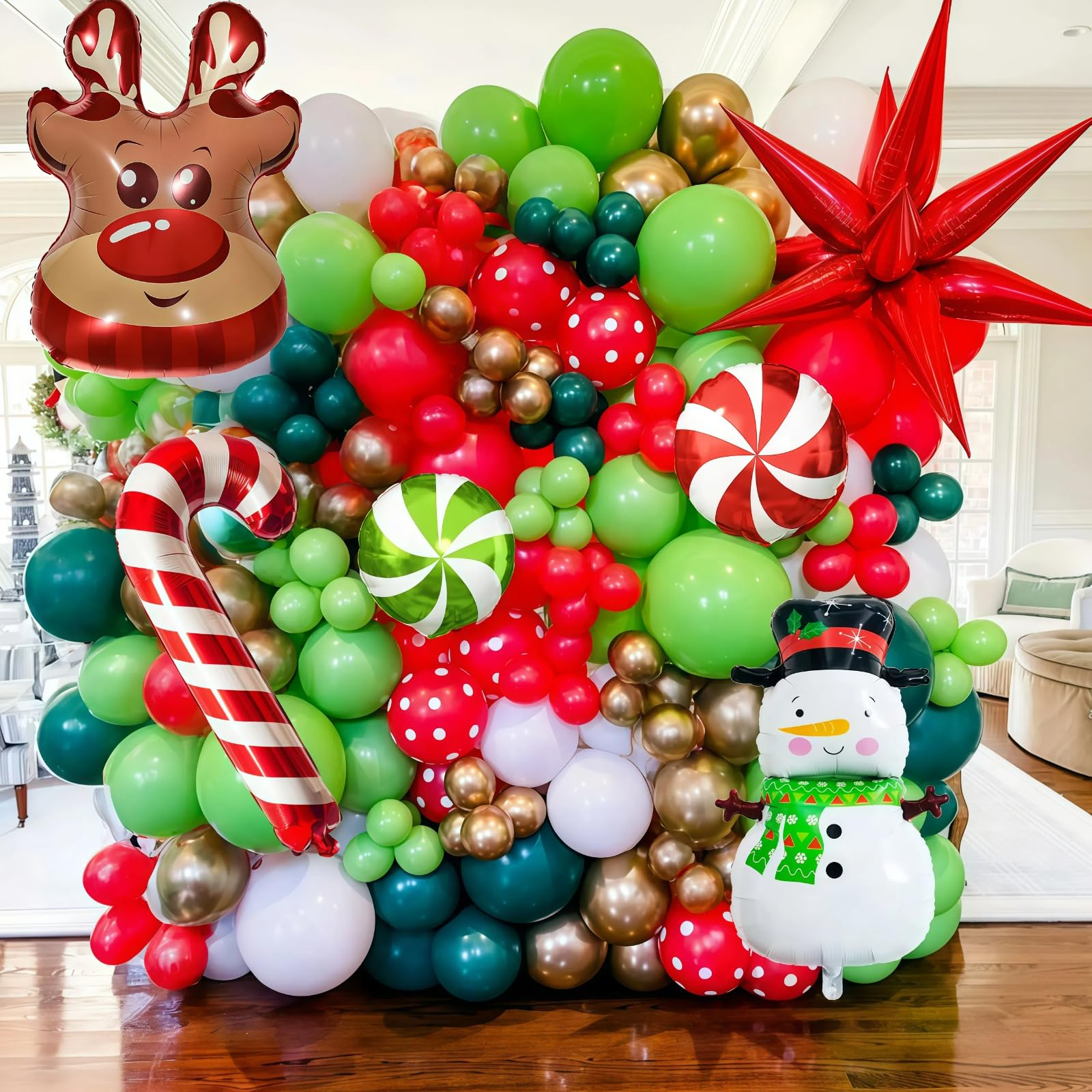 Paeyeq Christmas Balloon Arch Kit - Red Green Gold White with Snowman & Reindeer Foil Balloons