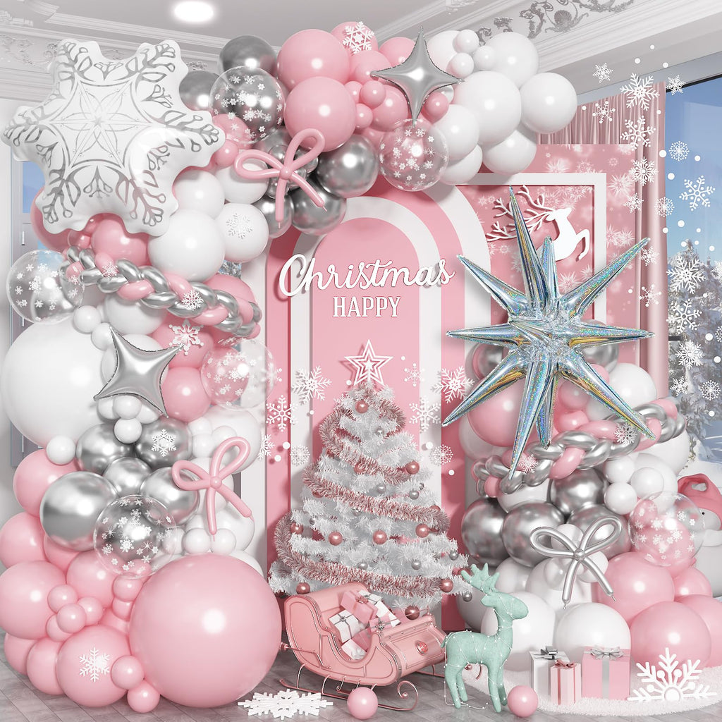 Paeyeq Pink Winter Wonderland Balloon Arch Kit | Snowflake & Star Foil Balloons